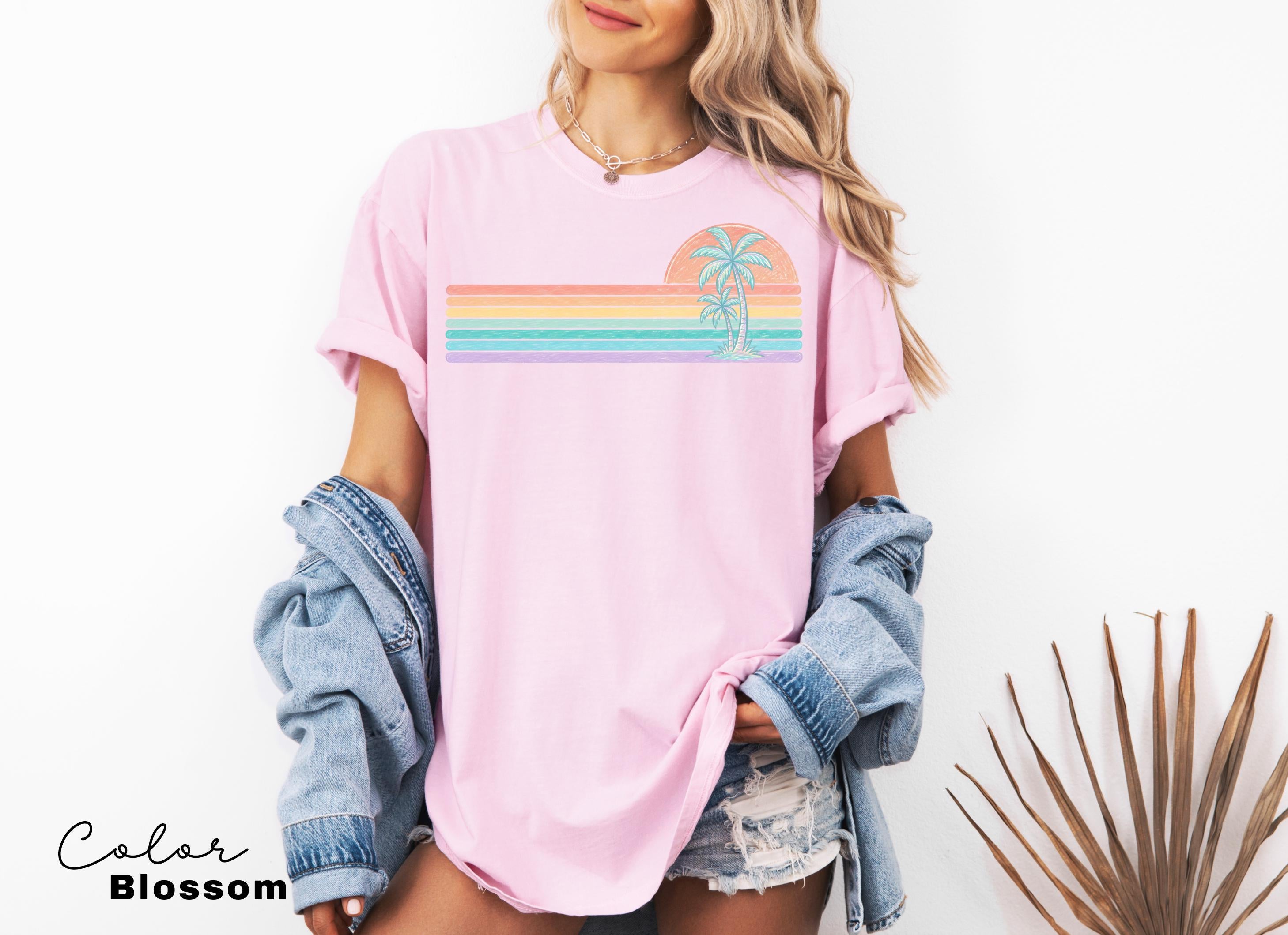 Retro Sun Summer Stripes Shirt, Comfort Colors Coastal Ocean Summer Tee, Beach Vacation Pastel Neon Sunshine Shirt