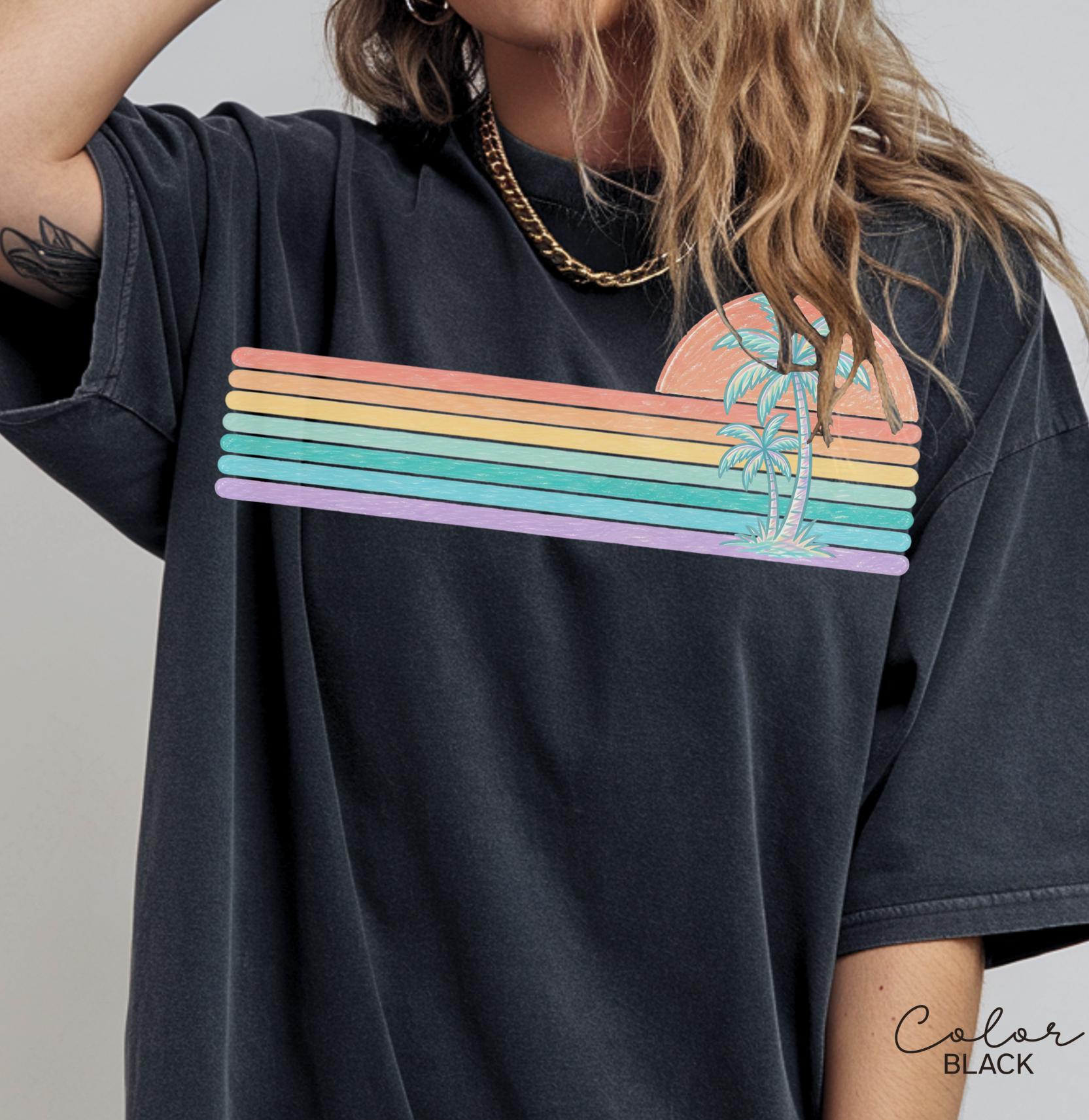 Retro Sun Summer Stripes Shirt, Comfort Colors Coastal Ocean Summer Tee, Beach Vacation Pastel Neon Sunshine Shirt