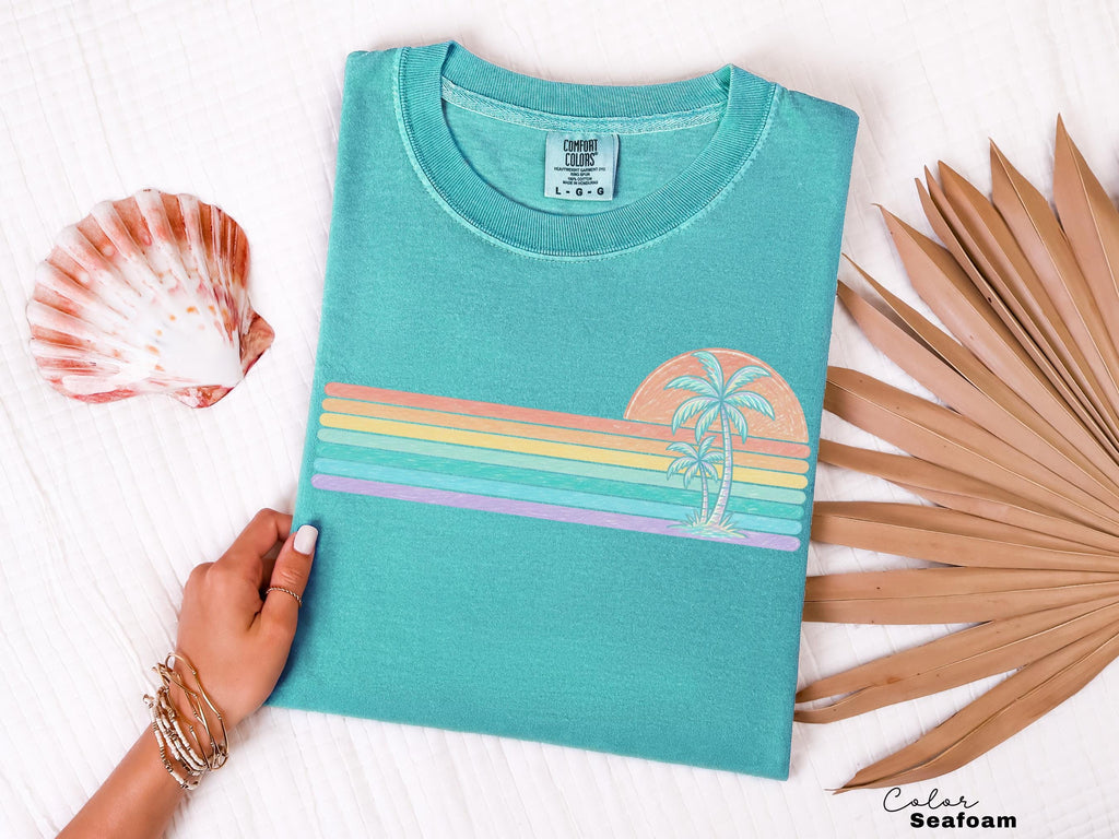 Retro Sun Summer Stripes Shirt, Comfort Colors Coastal Ocean Summer Tee, Beach Vacation Pastel Neon Sunshine Shirt