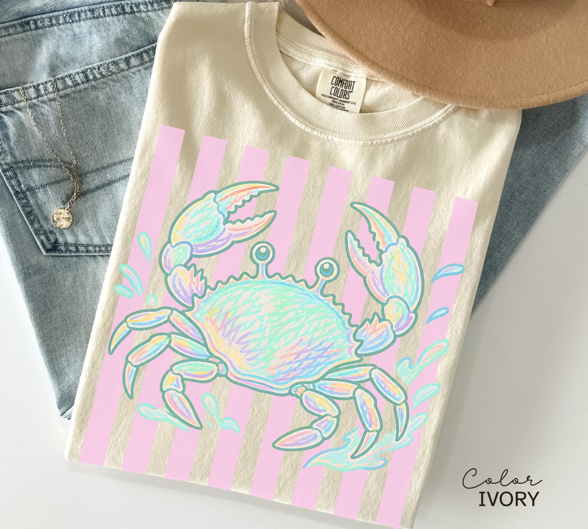 Summer Crab Shirt, Beach Vibes Pastel Neon Comfort Colors Tee, Summer Vacation,