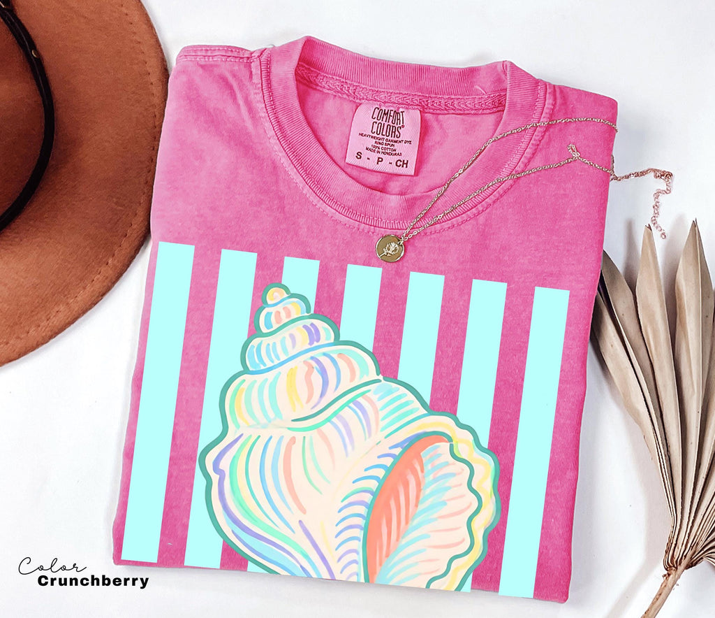 Summer Seashell Comfort Colors® Shirt, Pastel Neon Color Tee, Summer Vacation Beach Shirt