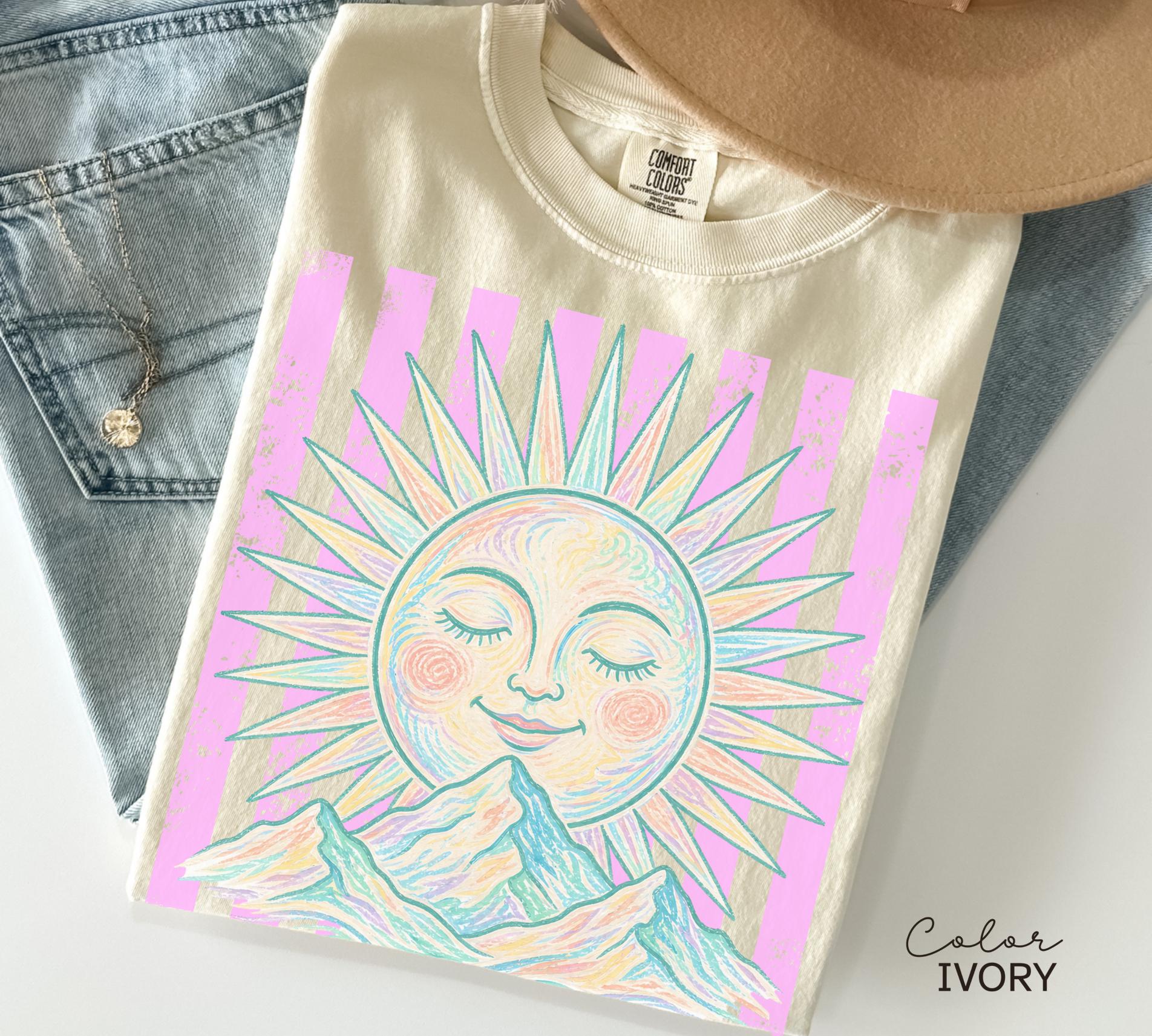 Retro Summer Boho Sun Shirt, Comfort Colors Vintage Sun Tee, Summer Pastel Neon