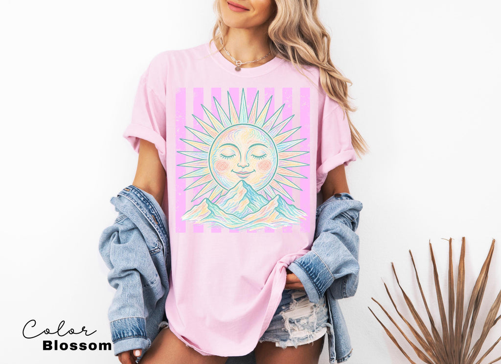Retro Summer Boho Sun Shirt, Comfort Colors Vintage Sun Tee, Summer Pastel Neon