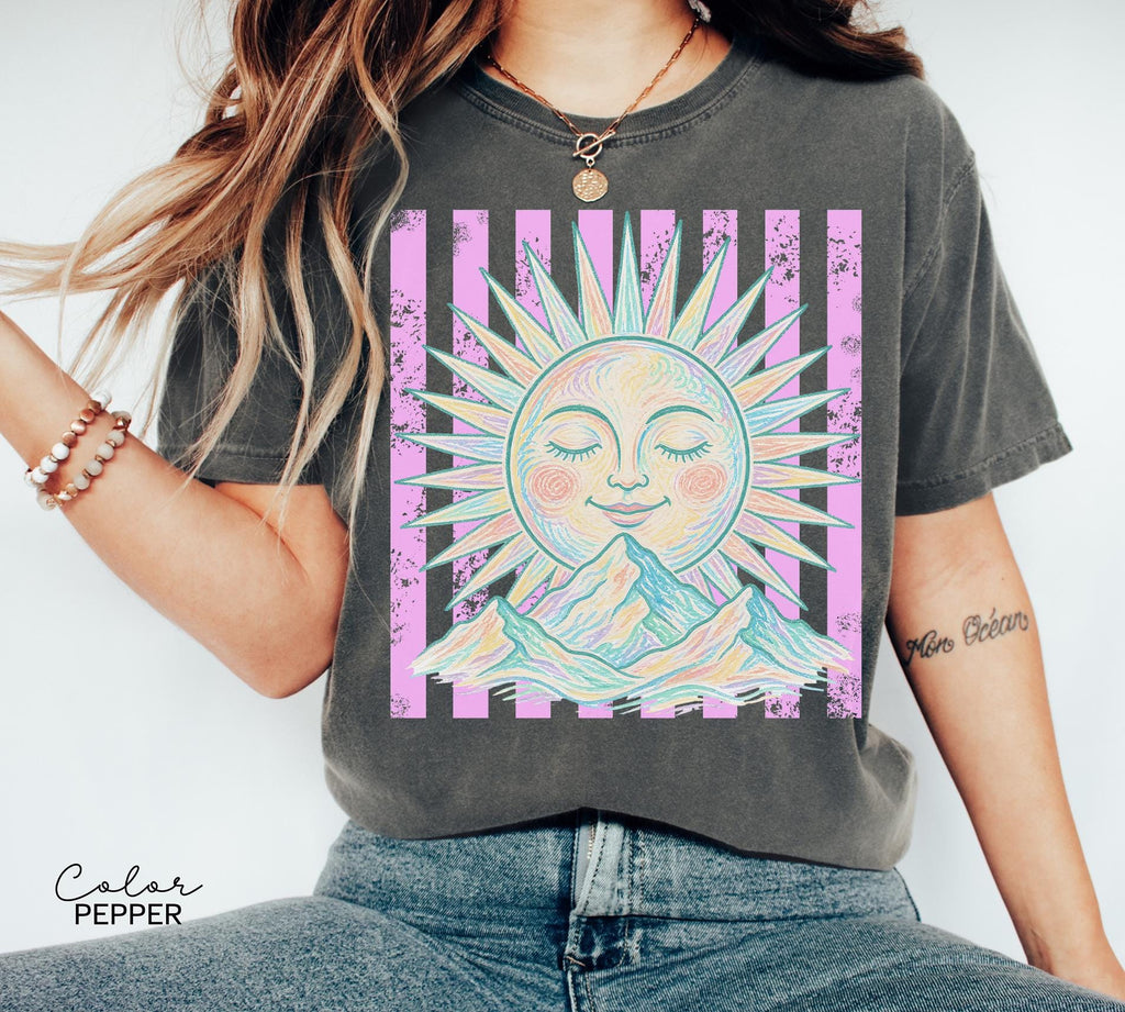 Retro Summer Boho Sun Shirt, Comfort Colors Vintage Sun Tee, Summer Pastel Neon