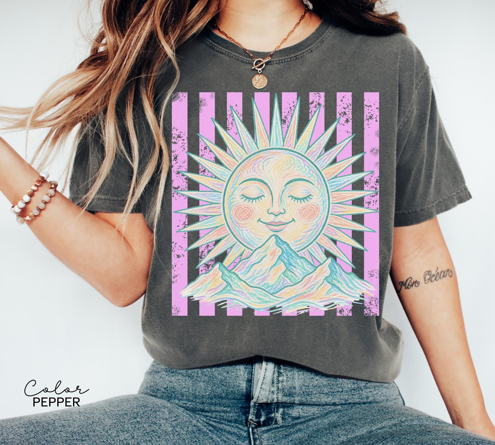 Retro Summer Boho Sun Shirt, Comfort Colors Vintage Sun Tee, Summer Pastel Neon