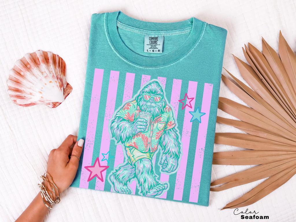 Bigfoot Summer Comfort Colors Tee, Pastel Neon Summer Shirt, Comfort Colors Oversized tee, Beach Tee