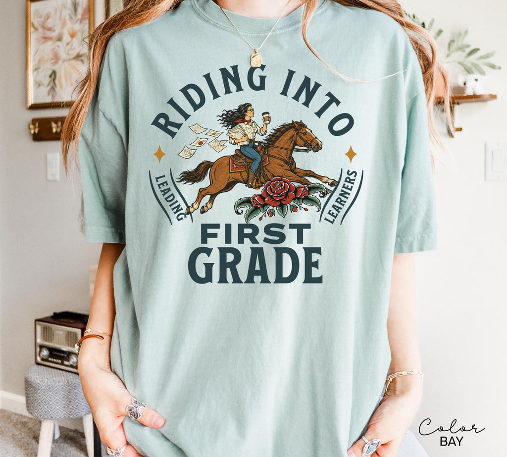 First Grade Teacher Shirt, Comfort Colors Riding Into First Grade Tee, Western Retro Teacher Shirt, Teacher Gift