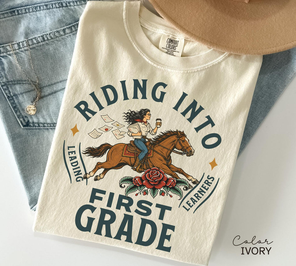 First Grade Teacher Shirt, Comfort Colors Riding Into First Grade Tee, Western Retro Teacher Shirt, Teacher Gift