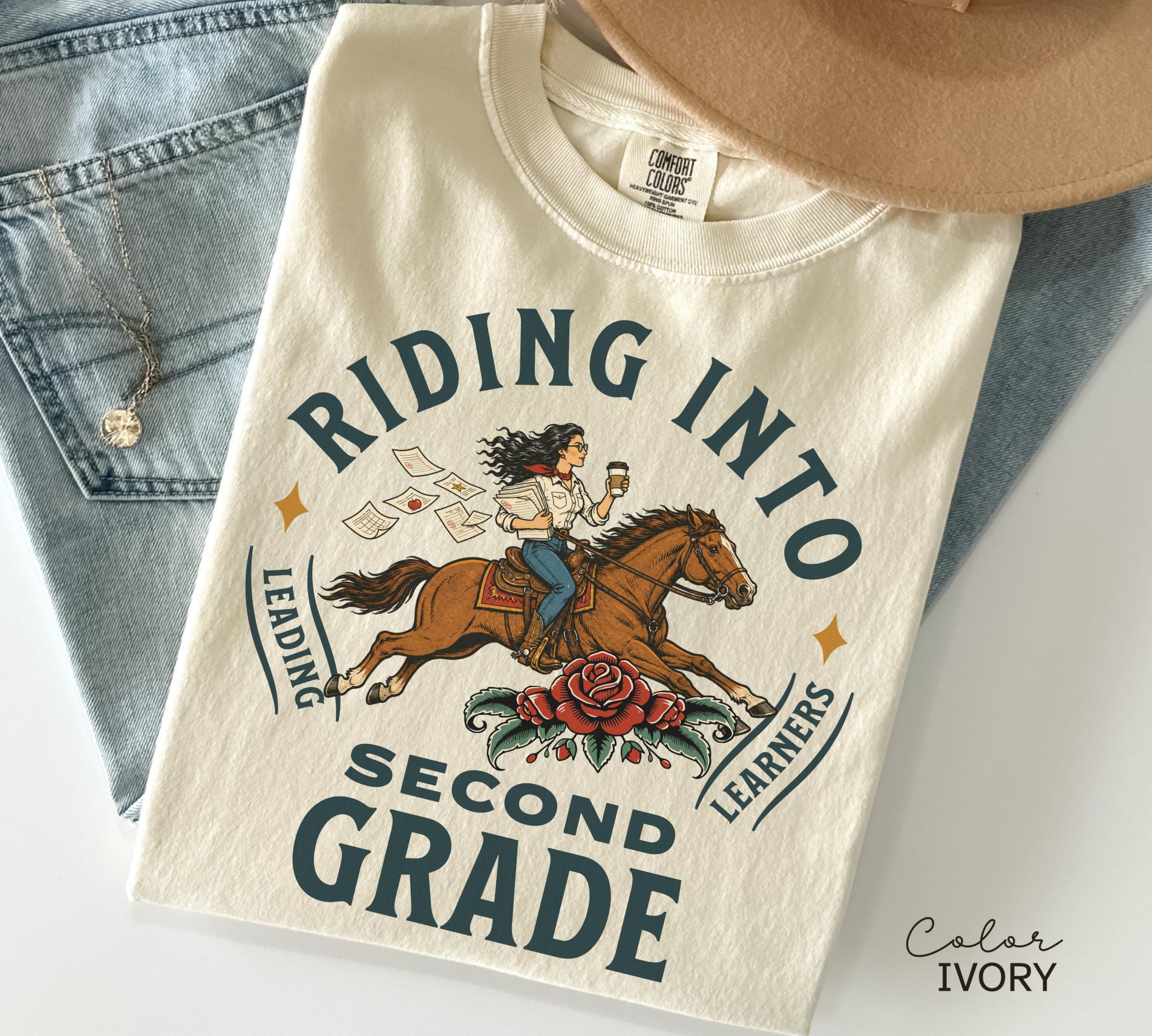 Second Grade Teacher Shirt, Comfort Colors Riding Into Second Grade Tee, Western Teacher Shirt, Teacher Group Tee