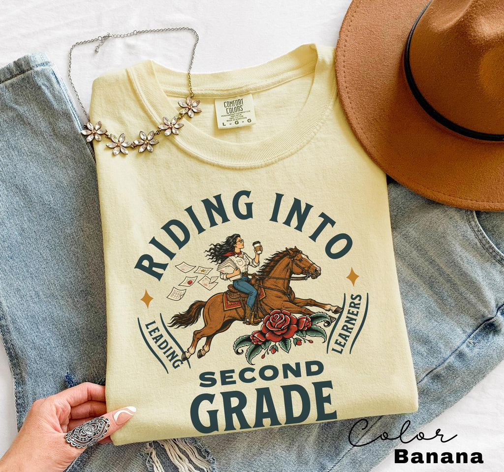 Second Grade Teacher Shirt, Comfort Colors Riding Into Second Grade Tee, Western Teacher Shirt, Teacher Group Tee