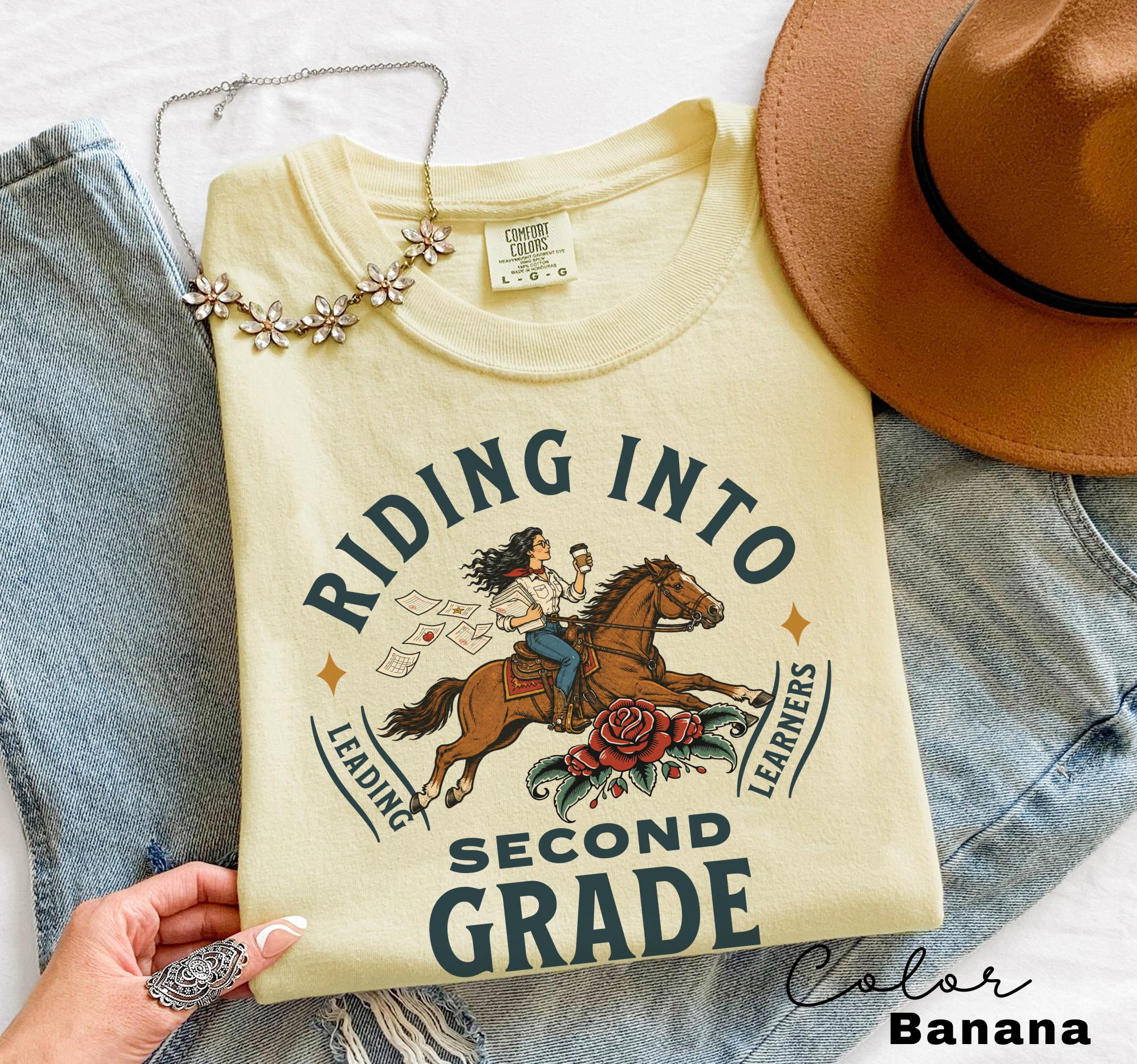 Second Grade Teacher Shirt, Comfort Colors Riding Into Second Grade Tee, Western Teacher Shirt, Teacher Group Tee