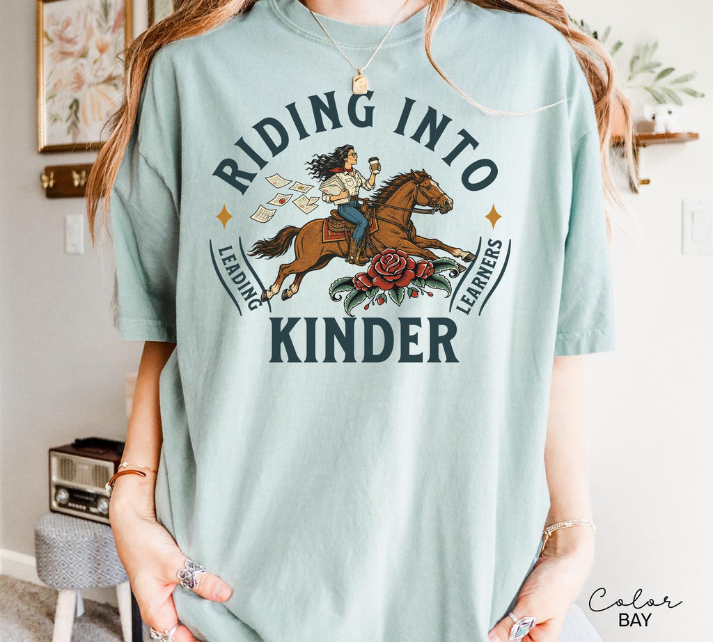 Kindergarten Teacher Shirt, Comfort Colors Riding Into Kinder Tee, Western Teacher Shirt, Teacher Gift