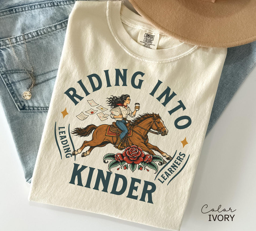 Kindergarten Teacher Shirt, Comfort Colors Riding Into Kinder Tee, Western Teacher Shirt, Teacher Gift