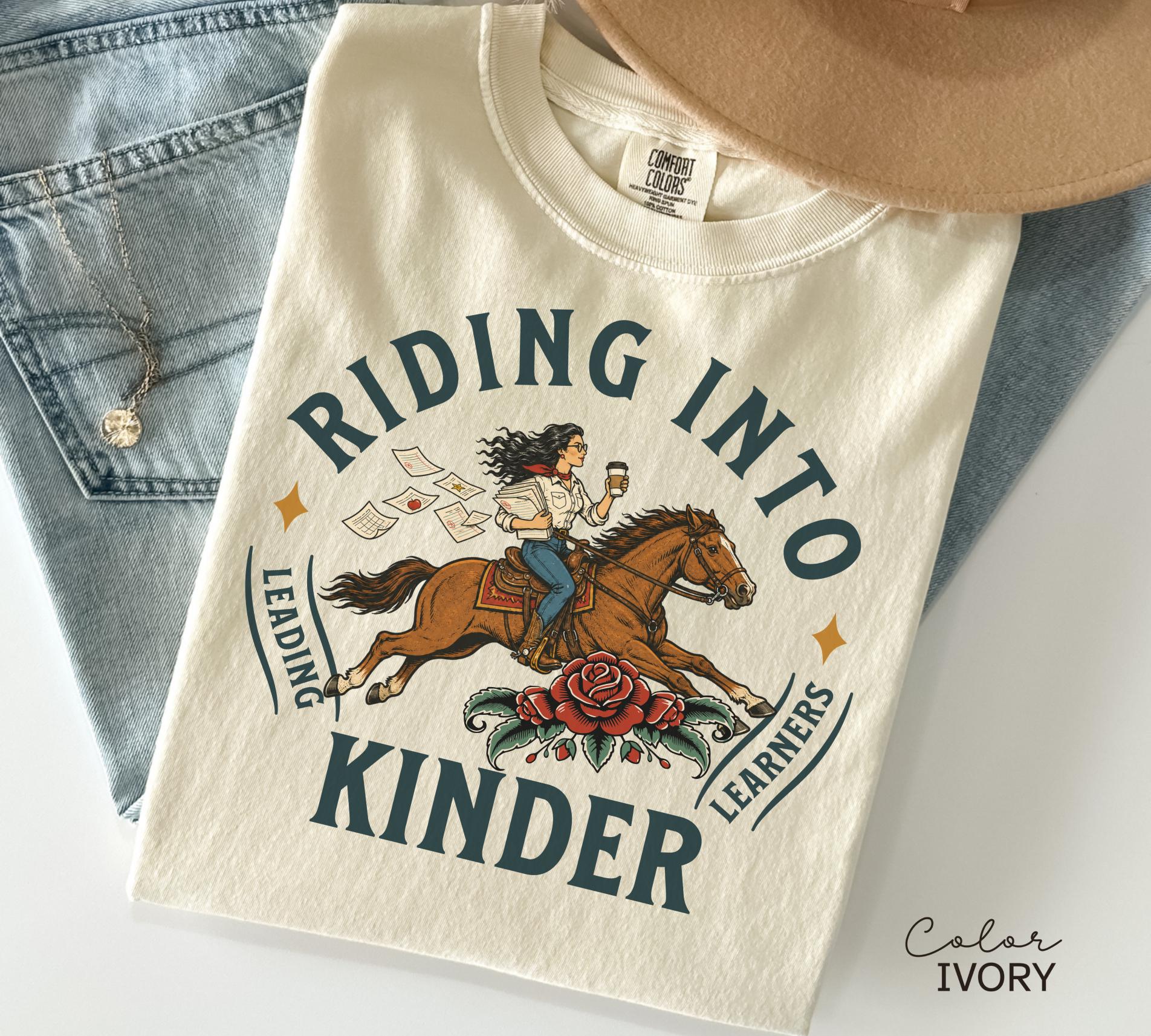 Kindergarten Teacher Shirt, Comfort Colors Riding Into Kinder Tee, Western Teacher Shirt, Teacher Gift