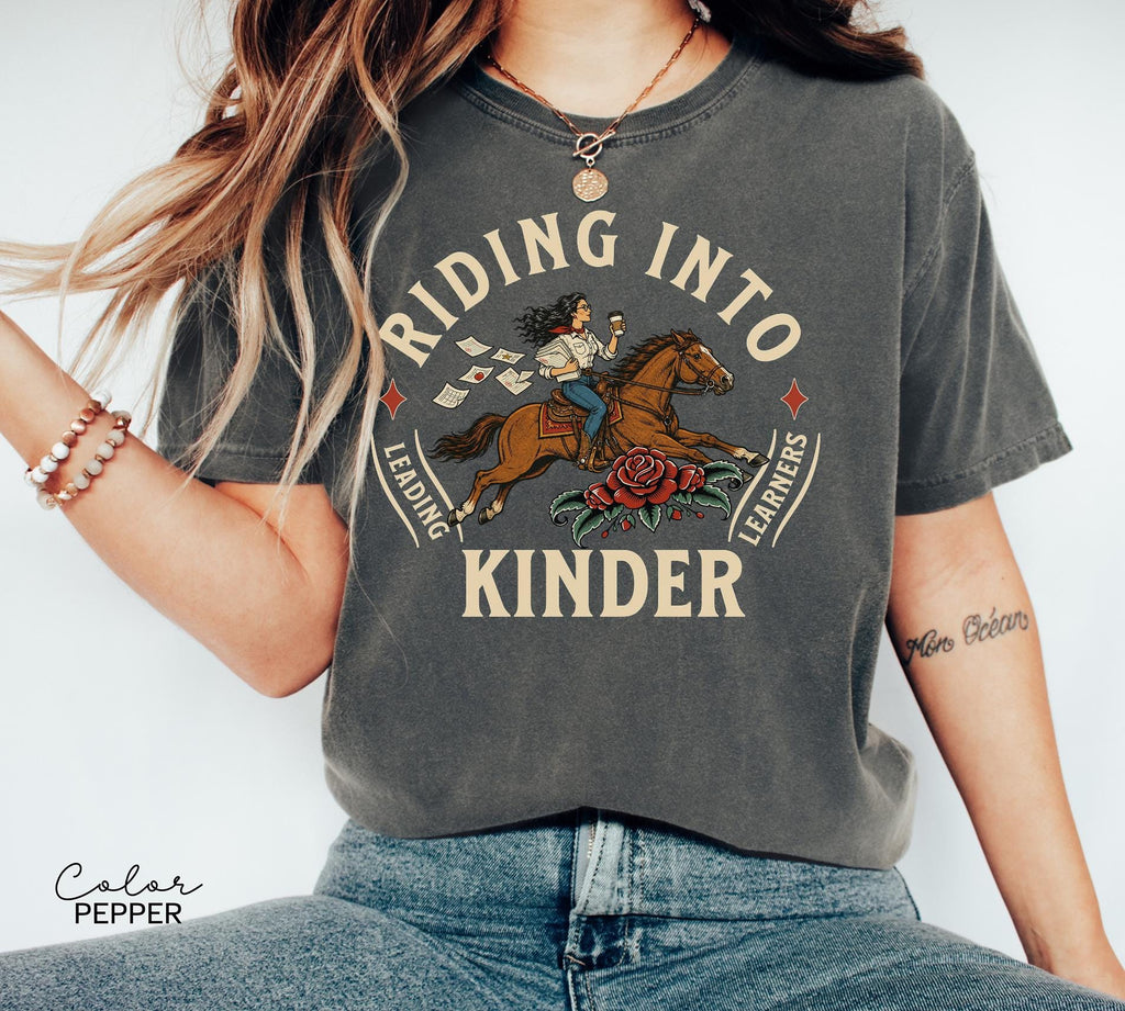 Kindergarten Teacher Shirt, Comfort Colors Riding Into Kinder Tee, Western Teacher Shirt, Teacher Gift