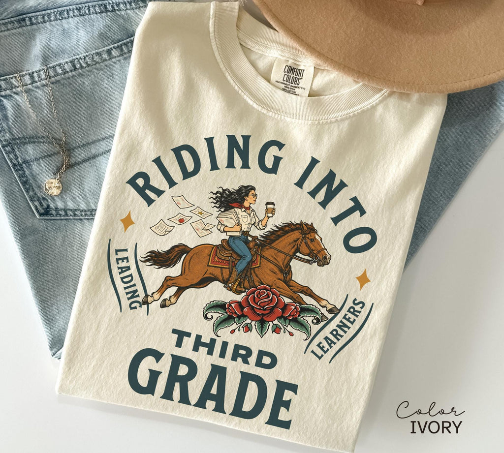 Third Grade Teacher Shirt, Comfort Colors Riding Into Third Grade Tee, Western Retro Teacher Shirt, Teacher Gift