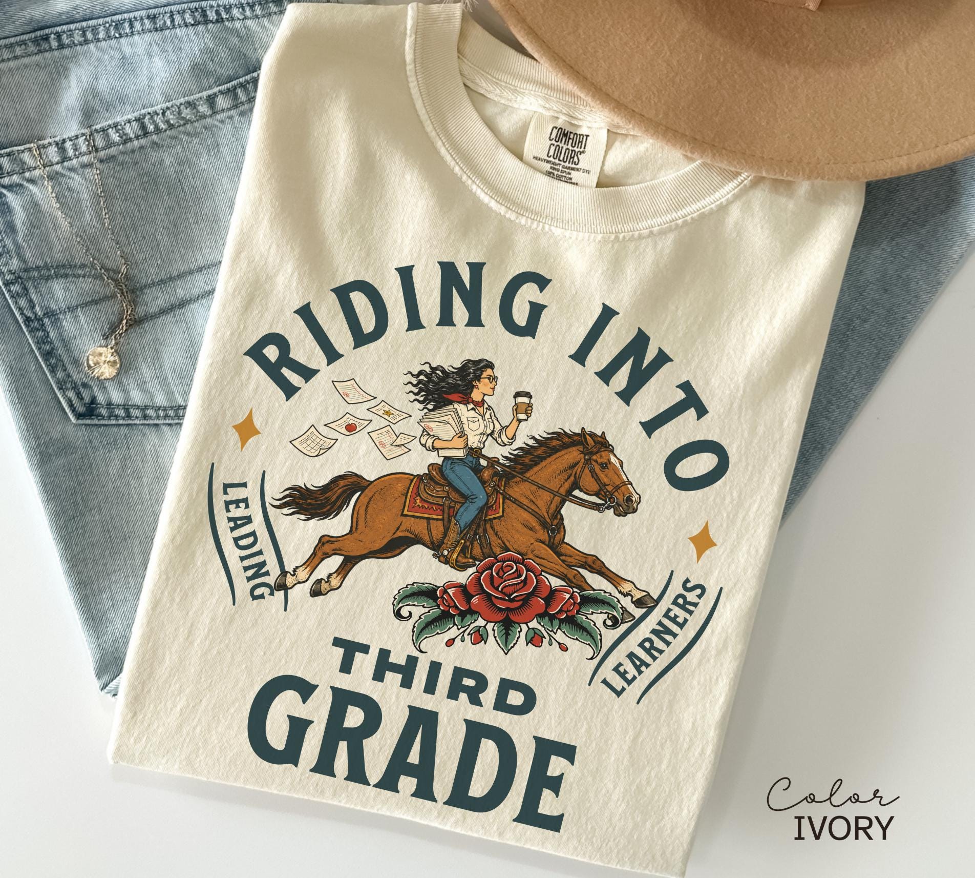 Third Grade Teacher Shirt, Comfort Colors Riding Into Third Grade Tee, Western Retro Teacher Shirt, Teacher Gift
