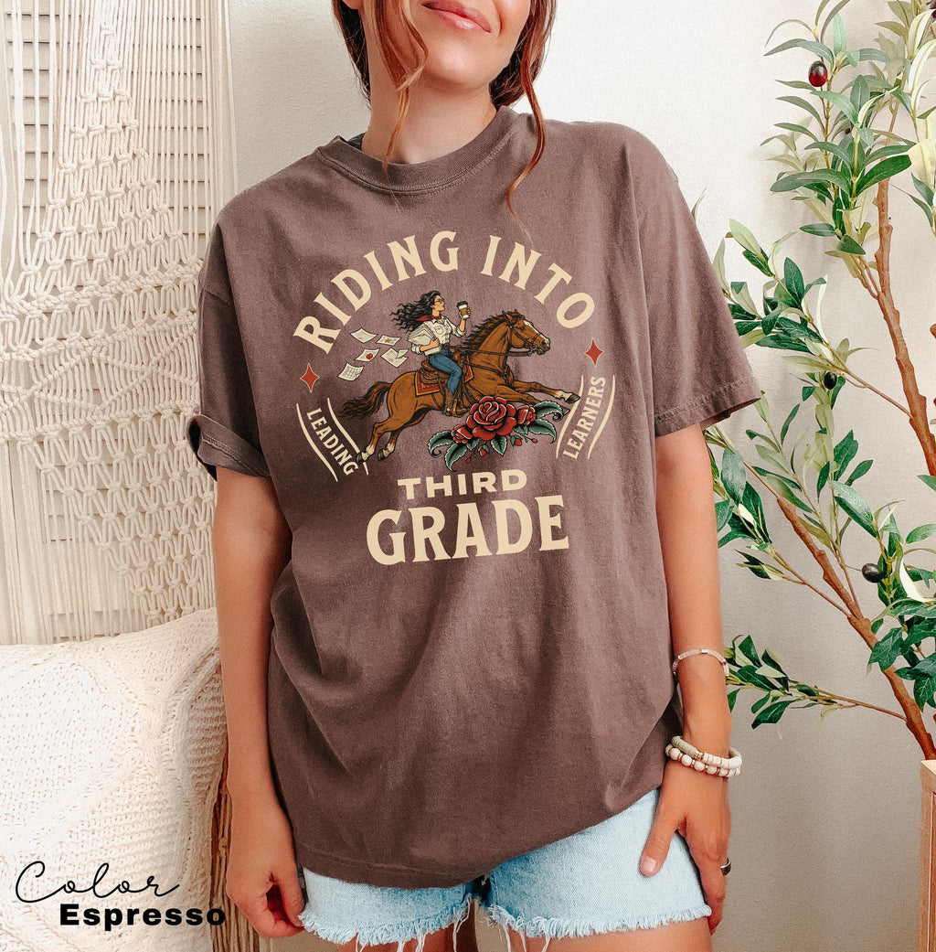 Third Grade Teacher Shirt, Comfort Colors Riding Into Third Grade Tee, Western Retro Teacher Shirt, Teacher Gift