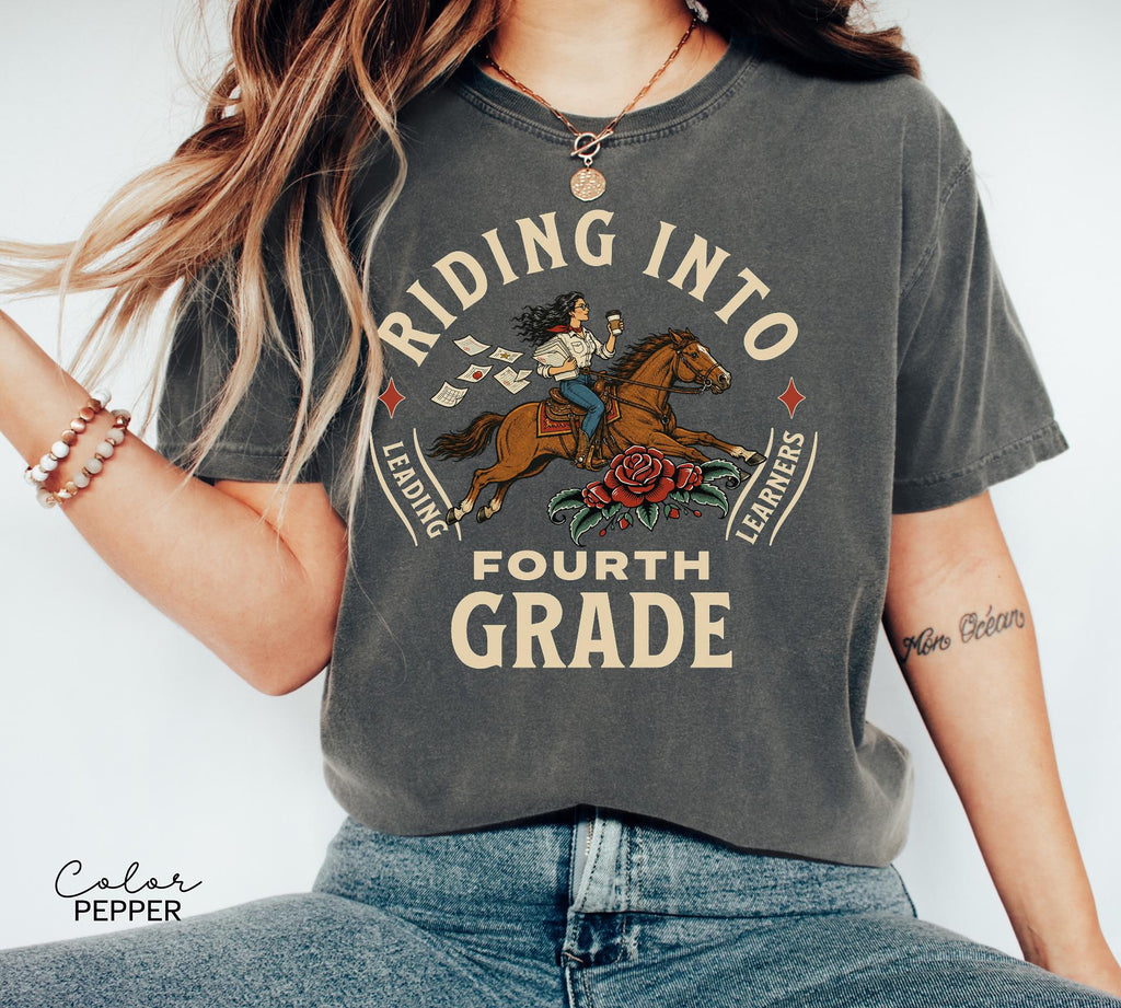 Fourth Grade Teacher Shirt, Comfort Colors Riding Into Fourth Grade Tee, Western Teacher Shirt, Teacher Gift