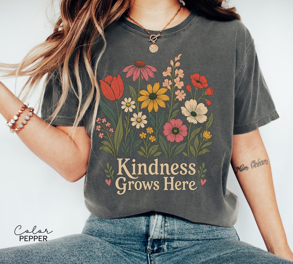 Teacher Shirt Motivational Saying, Kindness Grows Here Wildflower Floral Tee, Teacher Gift, Comfort Colors Sweatshirt