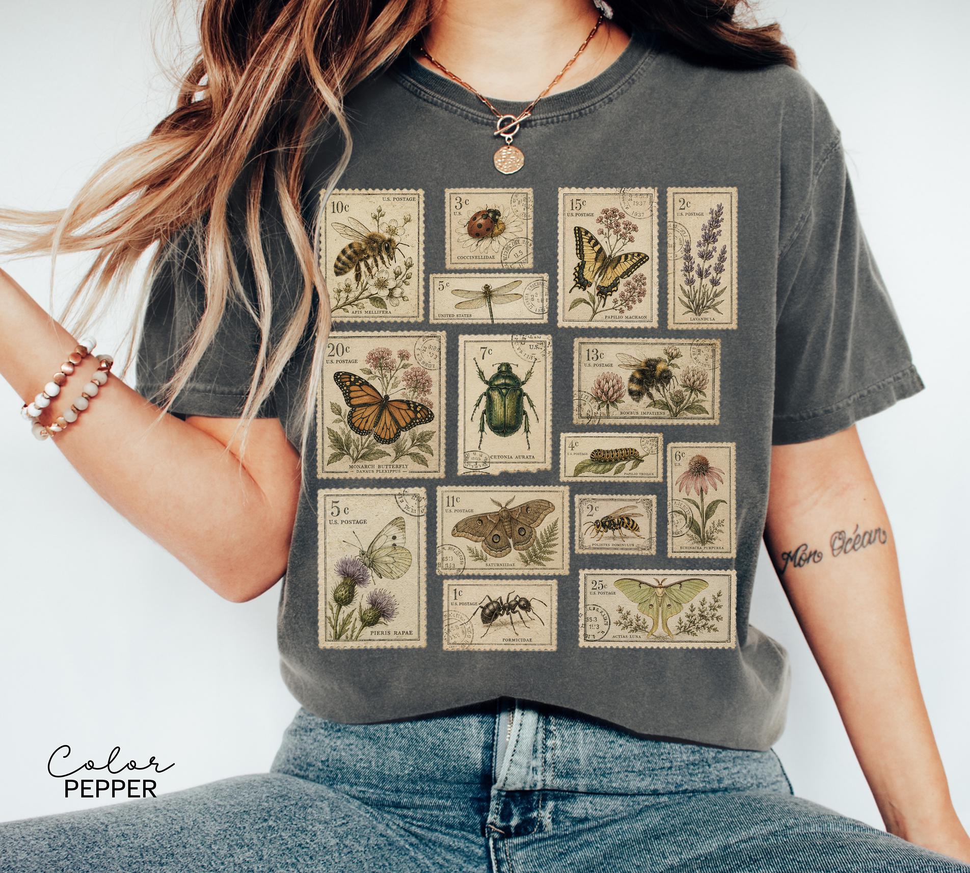 Vintage Postage Stamp Shirt, Butterfly Bee Moth Botanical Insect Tee, Cottagecore Nature Lover Gift, Comfort Colors