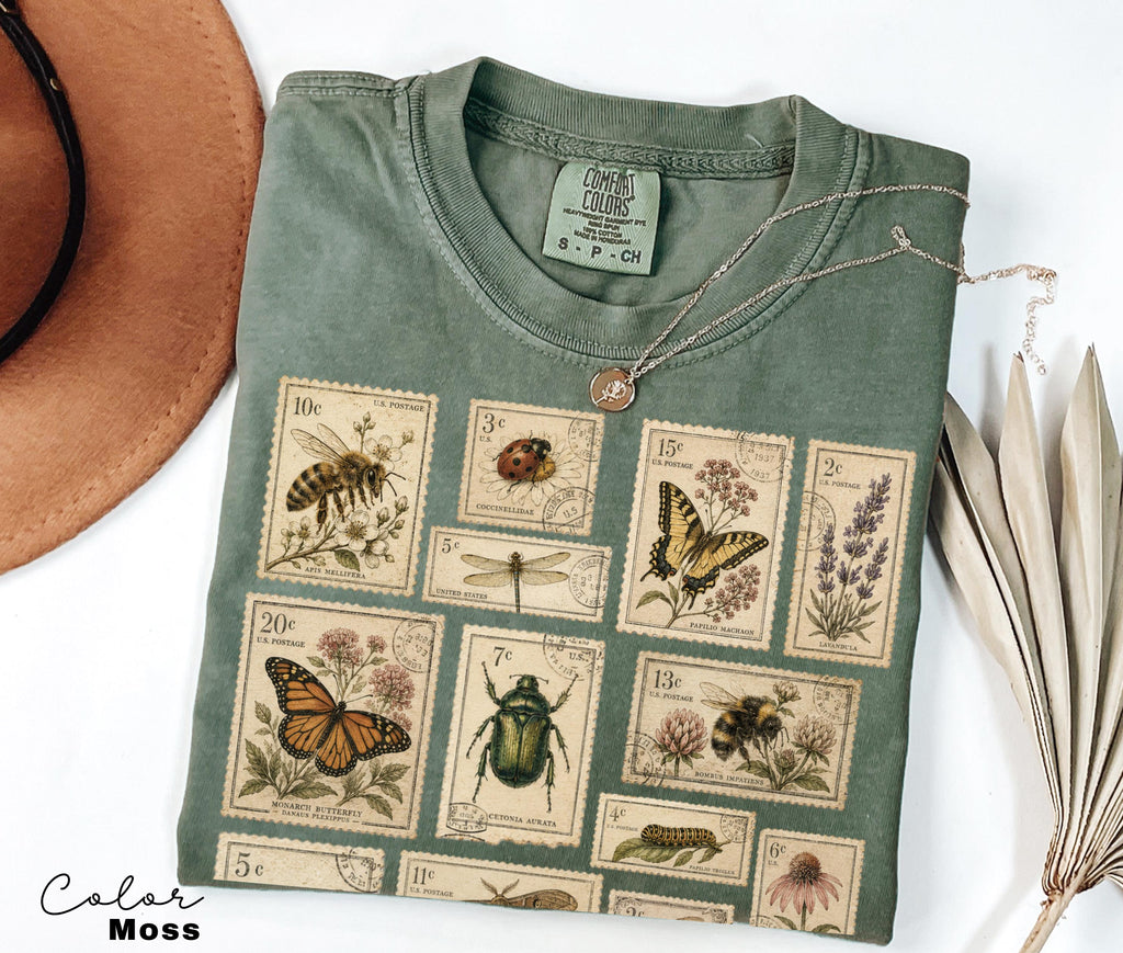 Vintage Postage Stamp Shirt, Butterfly Bee Moth Botanical Insect Tee, Cottagecore Nature Lover Gift, Comfort Colors