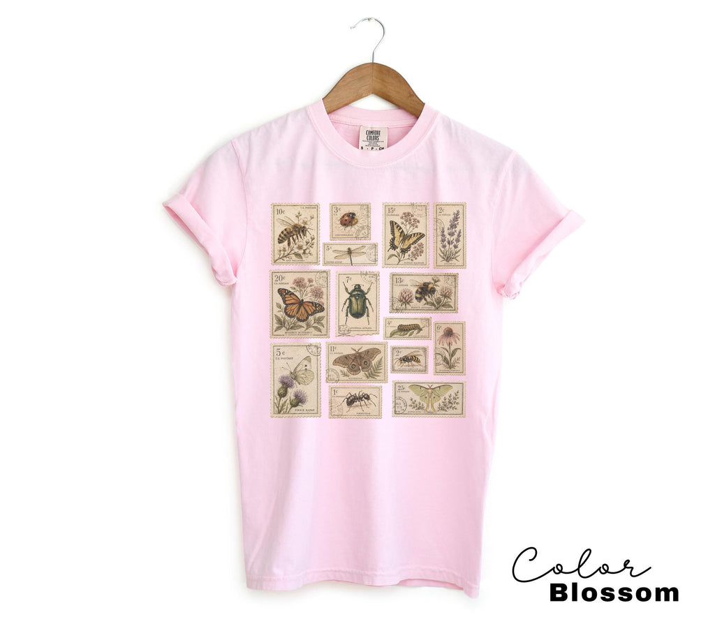 Vintage Postage Stamp Shirt, Butterfly Bee Moth Botanical Insect Tee, Cottagecore Nature Lover Gift, Comfort Colors