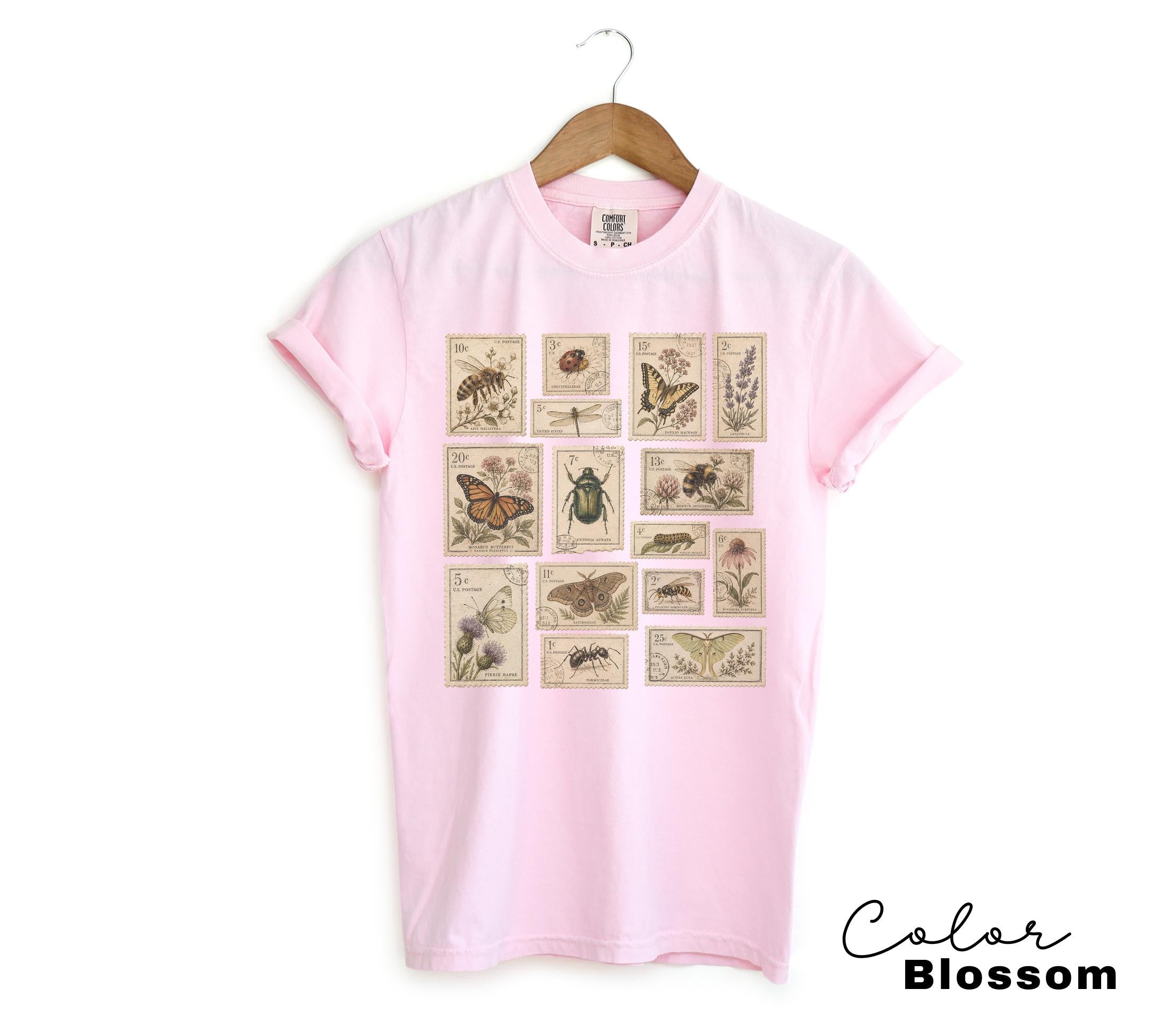 Vintage Postage Stamp Shirt, Butterfly Bee Moth Botanical Insect Tee, Cottagecore Nature Lover Gift, Comfort Colors