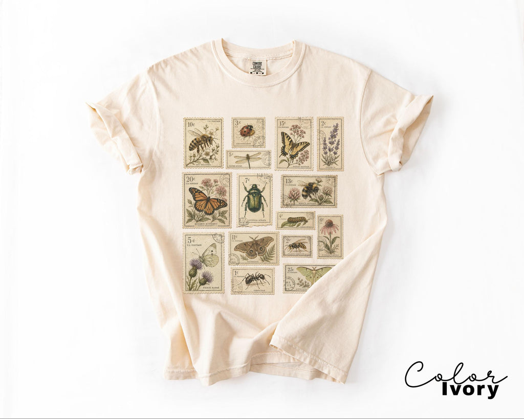 Vintage Postage Stamp Shirt, Butterfly Bee Moth Botanical Insect Tee, Cottagecore Nature Lover Gift, Comfort Colors