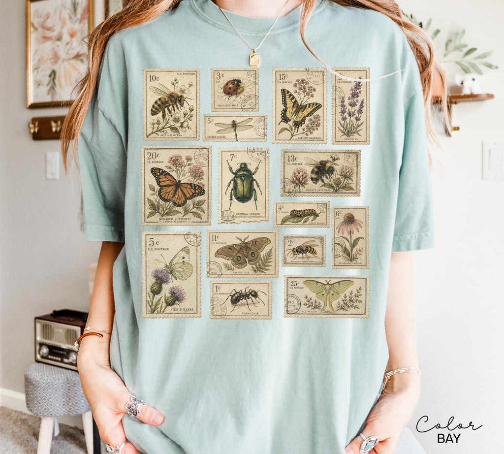 Vintage Postage Stamp Shirt, Butterfly Bee Moth Botanical Insect Tee, Cottagecore Nature Lover Gift, Comfort Colors