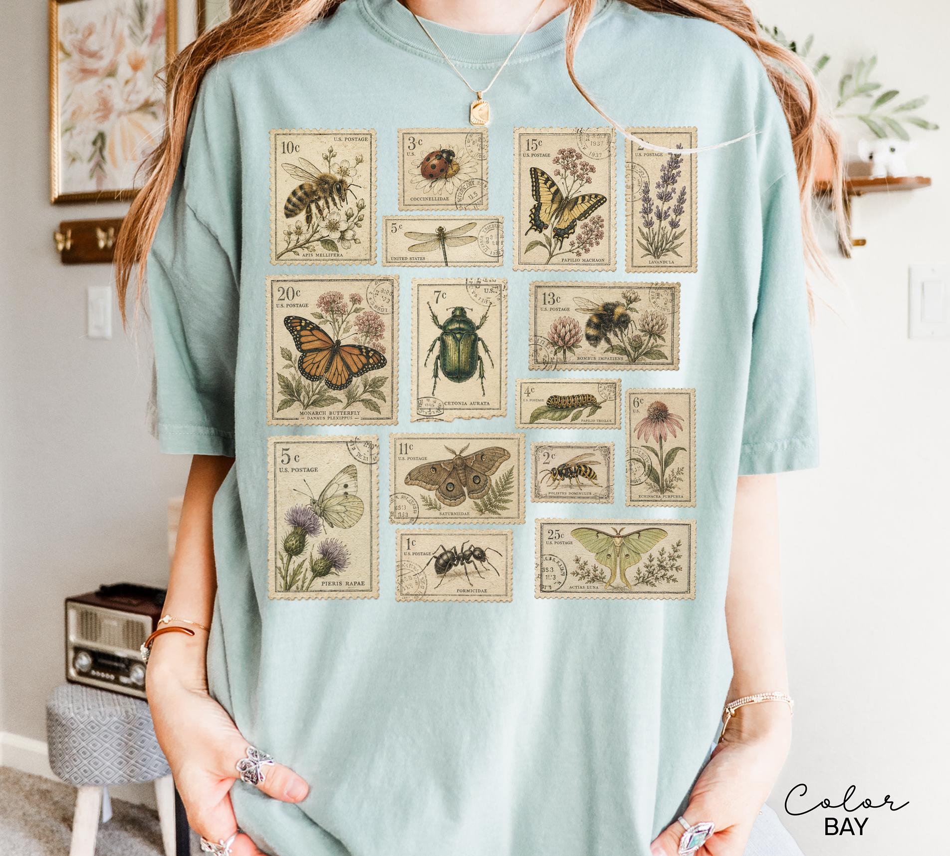 Vintage Postage Stamp Shirt, Butterfly Bee Moth Botanical Insect Tee, Cottagecore Nature Lover Gift, Comfort Colors