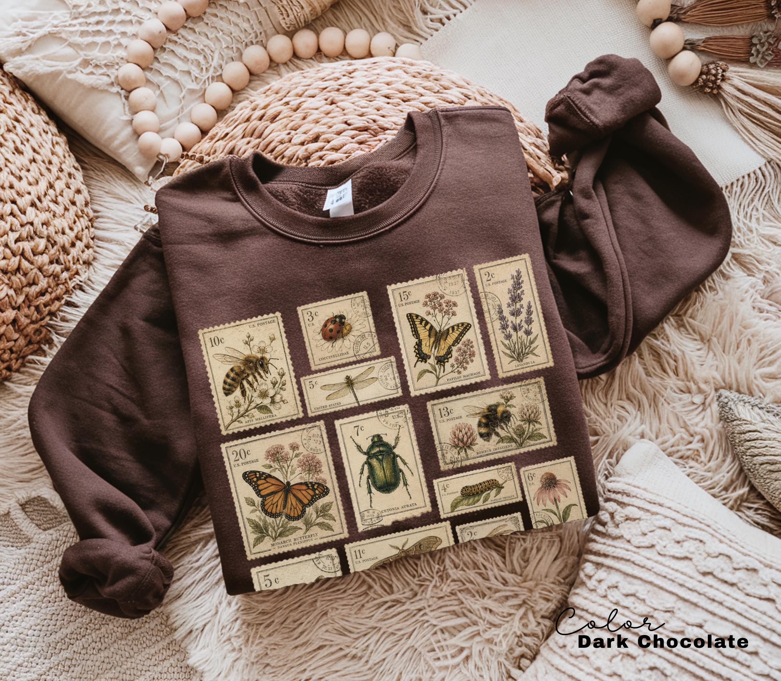 Vintage Postage Stamp Shirt, Butterfly Bee Moth Botanical Insect Tee, Cottagecore Nature Lover Gift, Comfort Colors