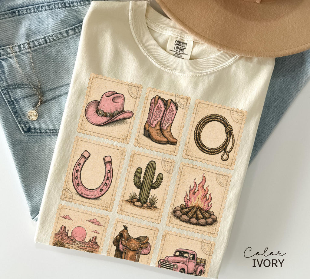 Pink Western Cowgirl Stamp Shirt, Cowgirl Boots Hat Horseshoe Cactus Tee, Southern Country Girl Gift, Comfort Colors
