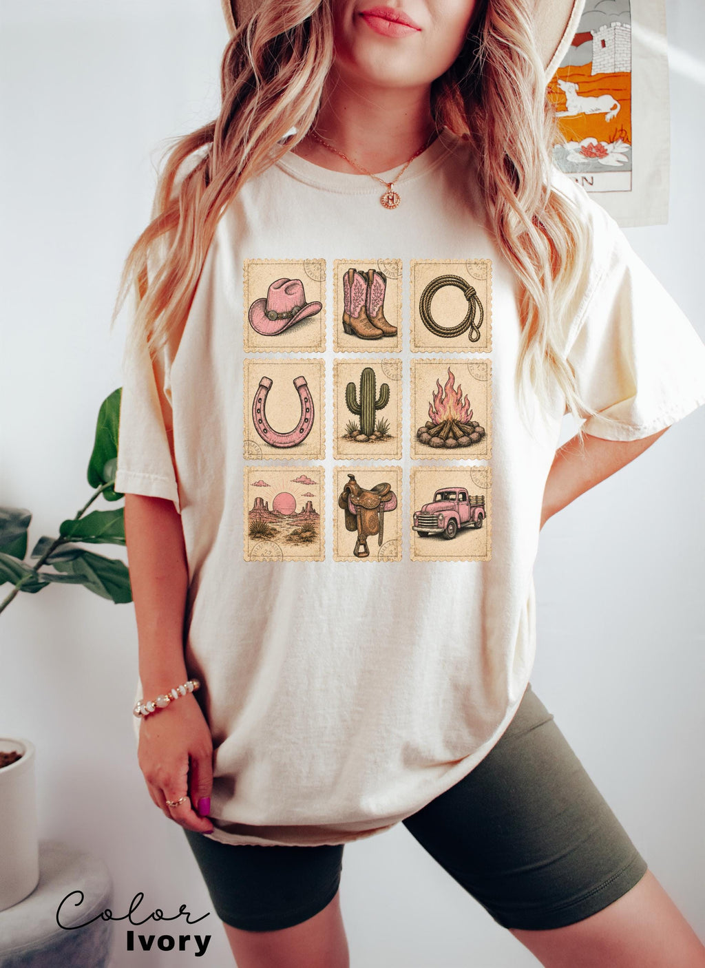 Pink Western Cowgirl Stamp Shirt, Cowgirl Boots Hat Horseshoe Cactus Tee, Southern Country Girl Gift, Comfort Colors