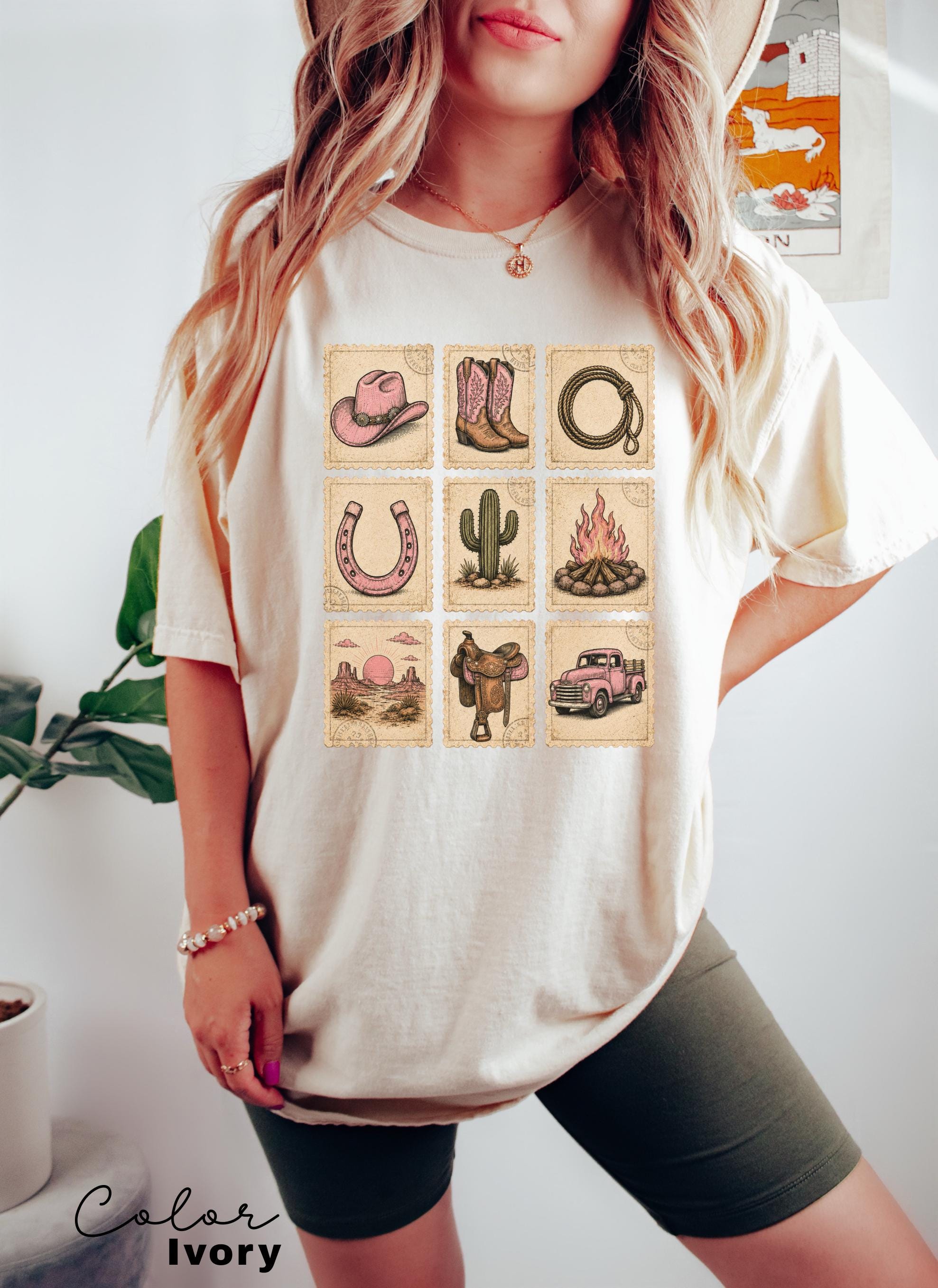 Pink Western Cowgirl Stamp Shirt, Cowgirl Boots Hat Horseshoe Cactus Tee, Southern Country Girl Gift, Comfort Colors