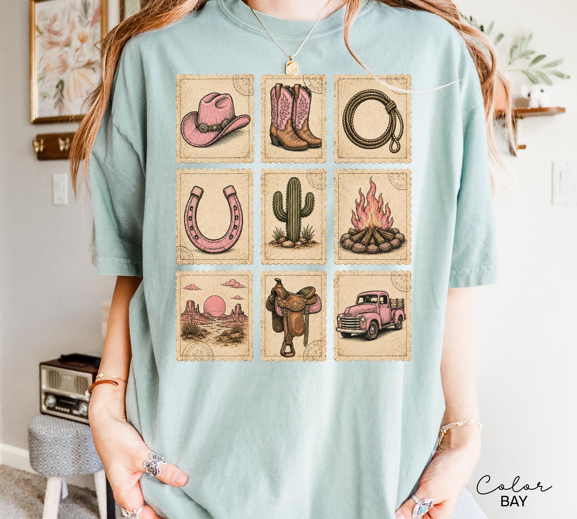 Pink Western Cowgirl Stamp Shirt, Cowgirl Boots Hat Horseshoe Cactus Tee, Southern Country Girl Gift, Comfort Colors