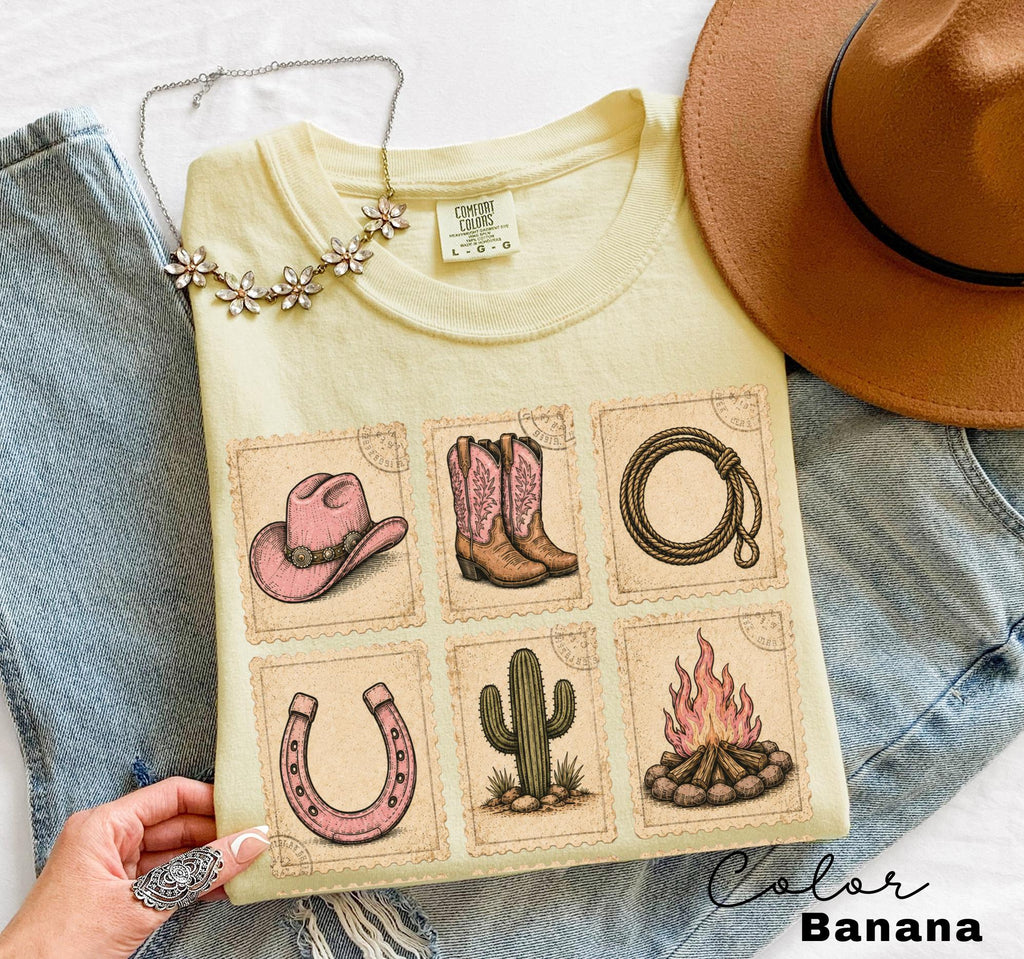 Pink Western Cowgirl Stamp Shirt, Cowgirl Boots Hat Horseshoe Cactus Tee, Southern Country Girl Gift, Comfort Colors