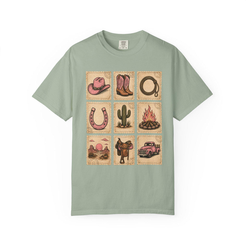 Pink Western Cowgirl Stamp Shirt, Cowgirl Boots Hat Horseshoe Cactus Tee, Southern Country Girl Gift, Comfort Colors