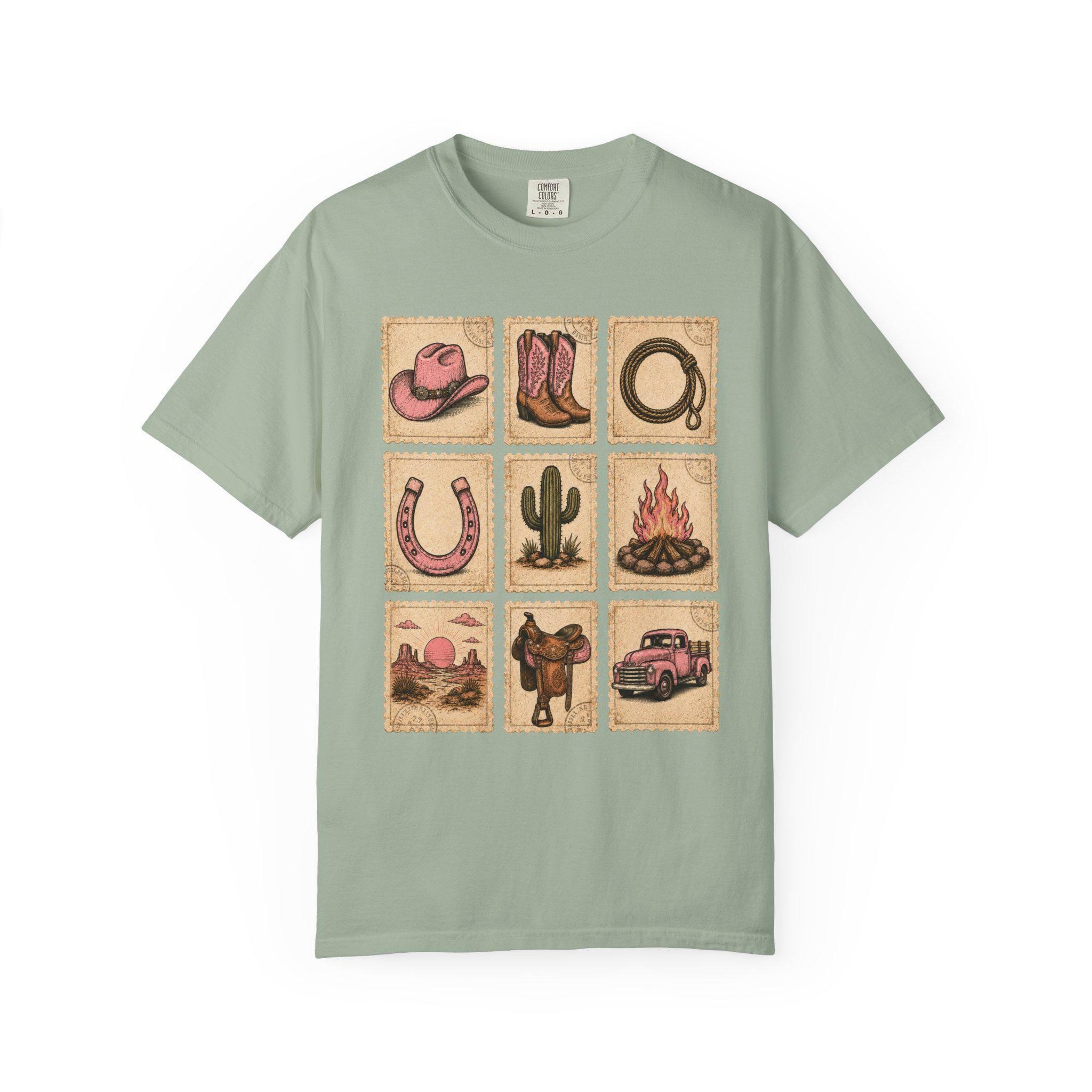 Pink Western Cowgirl Stamp Shirt, Cowgirl Boots Hat Horseshoe Cactus Tee, Southern Country Girl Gift, Comfort Colors