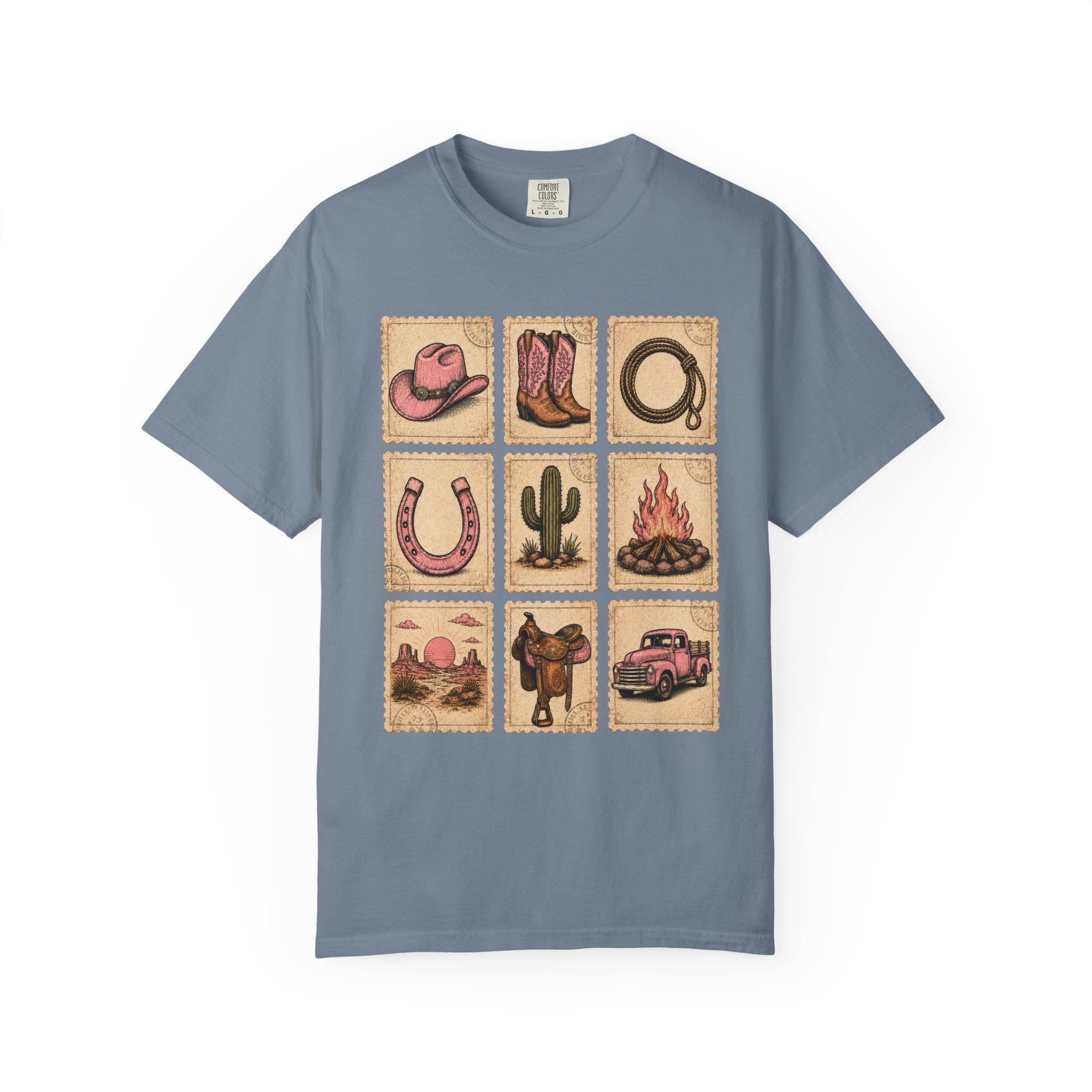 Pink Western Cowgirl Stamp Shirt, Cowgirl Boots Hat Horseshoe Cactus Tee, Southern Country Girl Gift, Comfort Colors