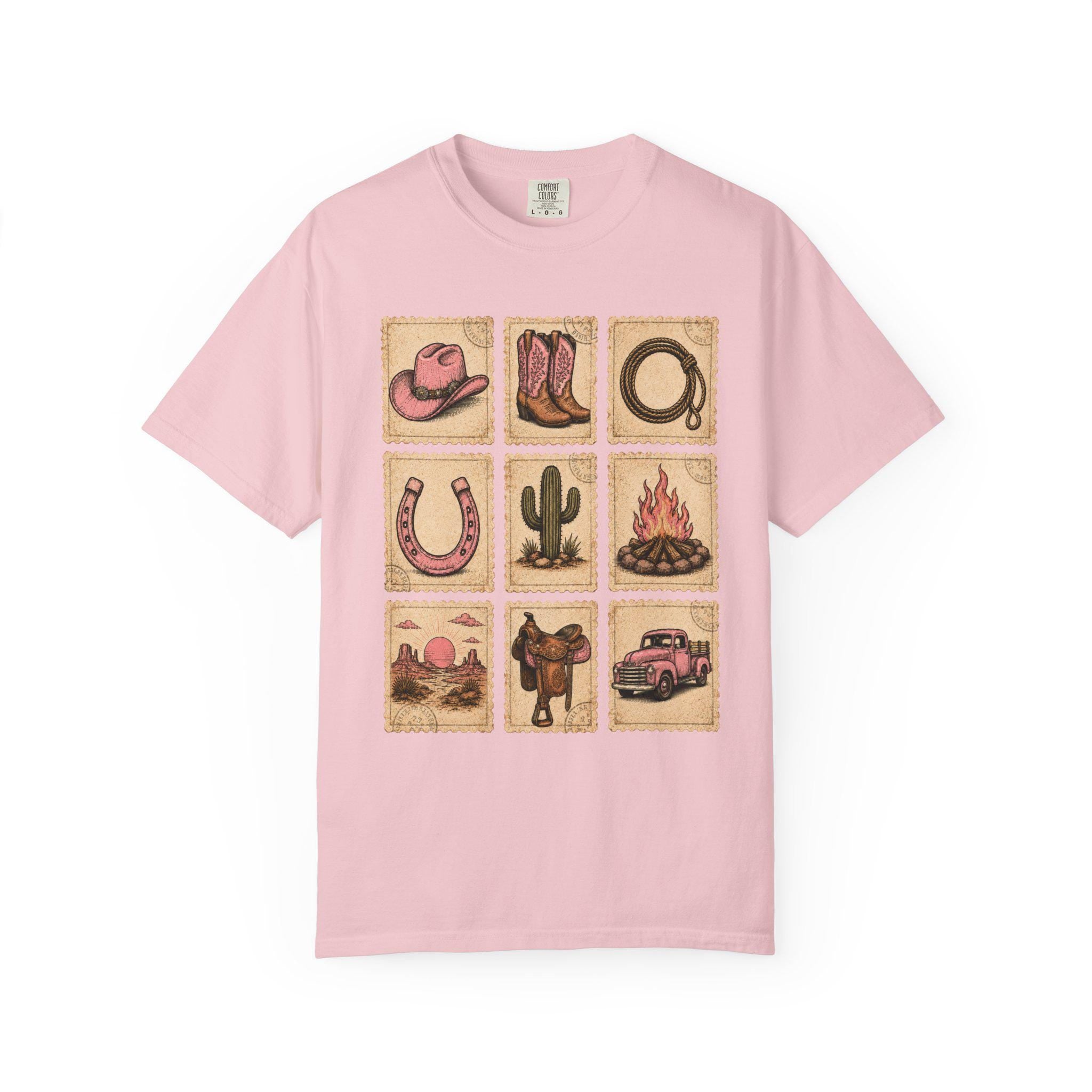 Pink Western Cowgirl Stamp Shirt, Cowgirl Boots Hat Horseshoe Cactus Tee, Southern Country Girl Gift, Comfort Colors