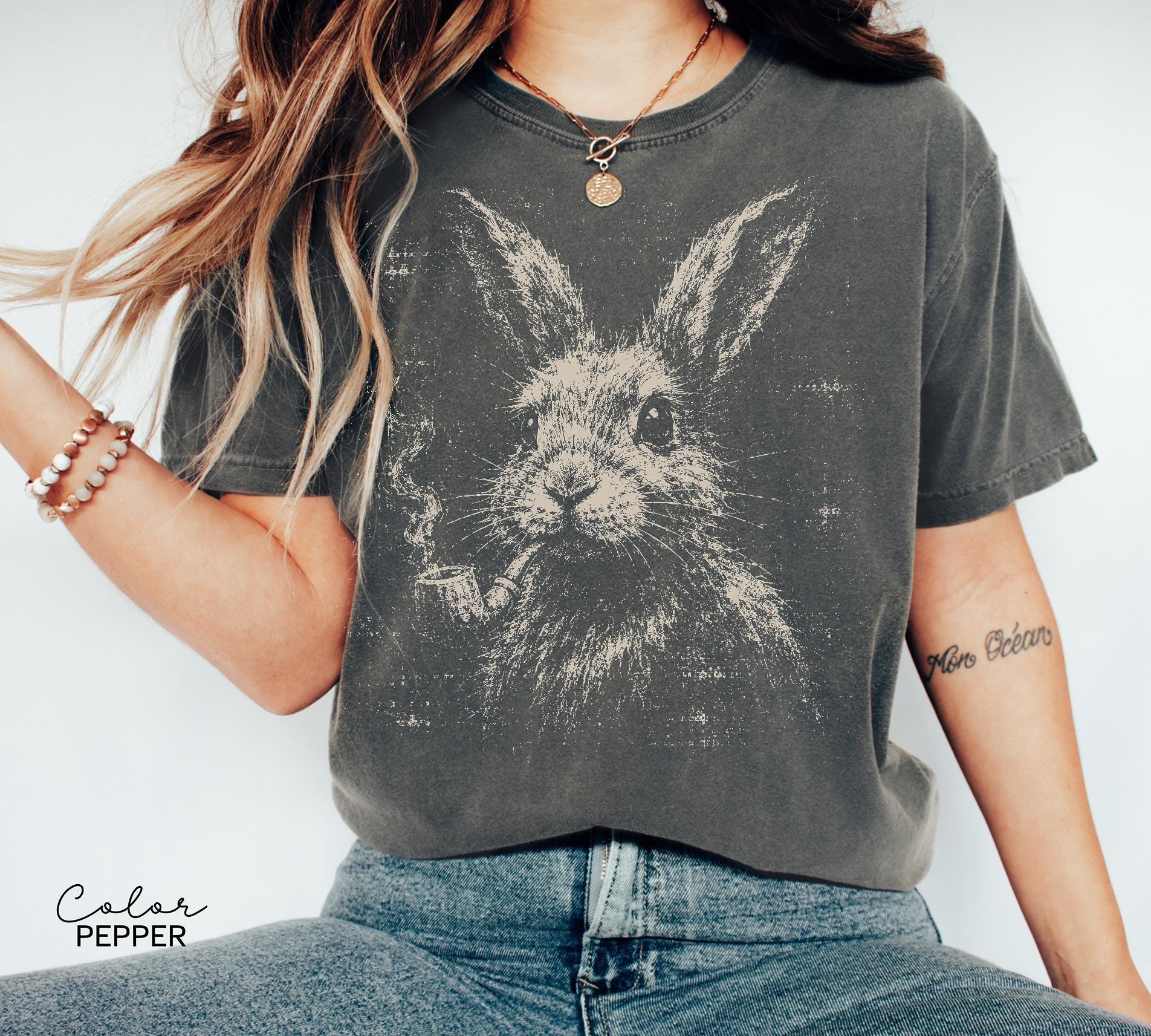 Vintage Rabbit Grunge Shirt, Funny Bunny Pipe Smoking Tee, Goblincore Dark Academia Gift, Comfort Colors Tee