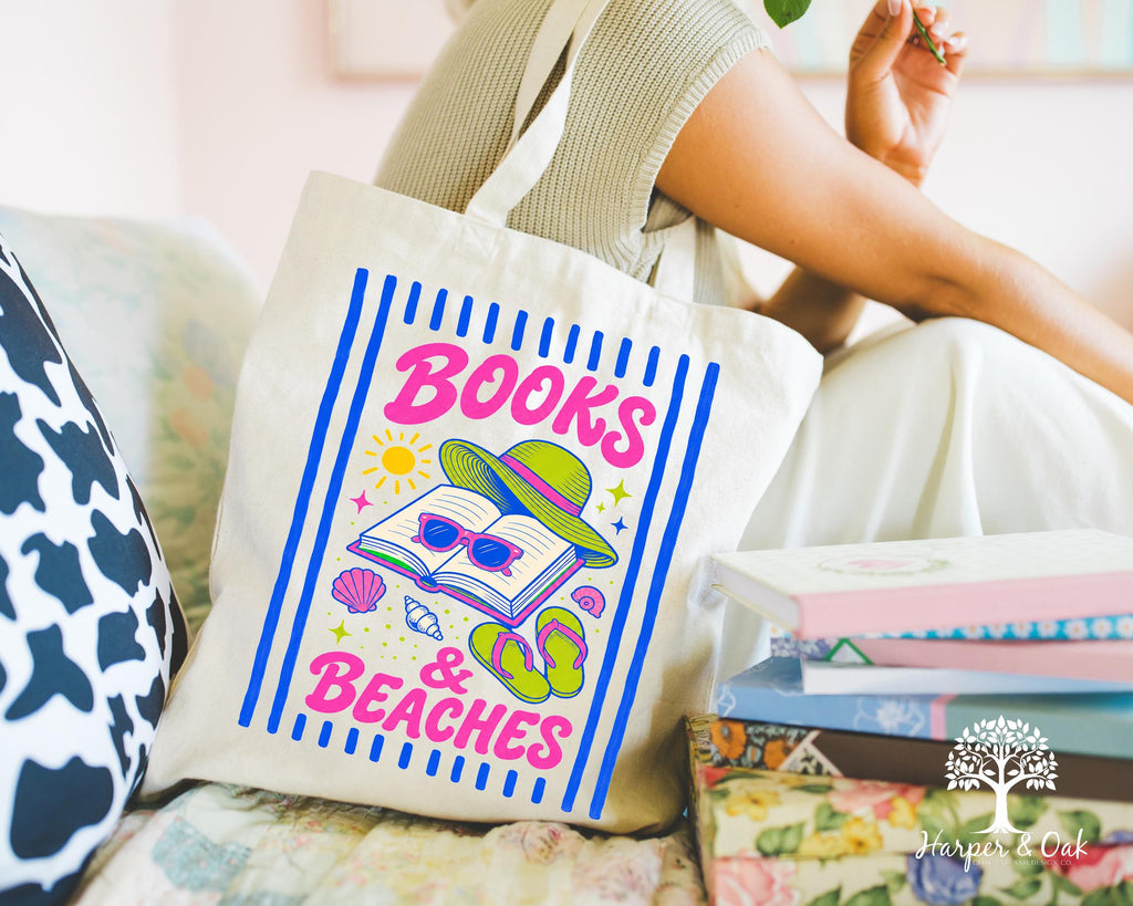 Books and Beaches Tote Bag, Beach Reader Gift, Summer Reading Book Lover Bag, Vacation Tote for Her