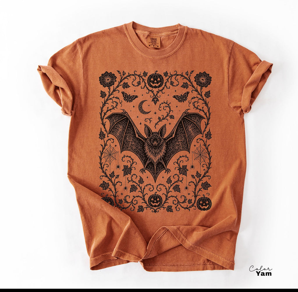 Dark Gothic Bat Halloween Shirt, Botanical Bat Tee