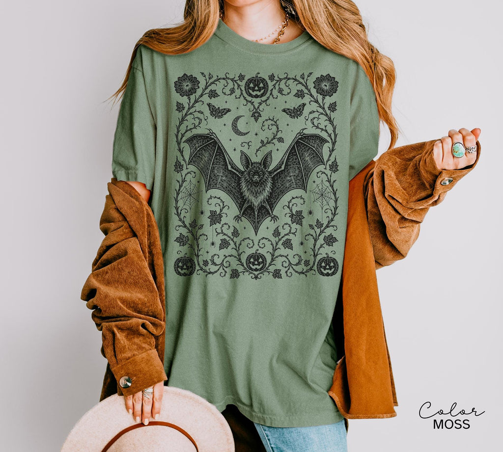 Dark Gothic Bat Halloween Shirt, Botanical Bat Tee, Witchy Floral Halloween, Spooky Bat Gift For Her