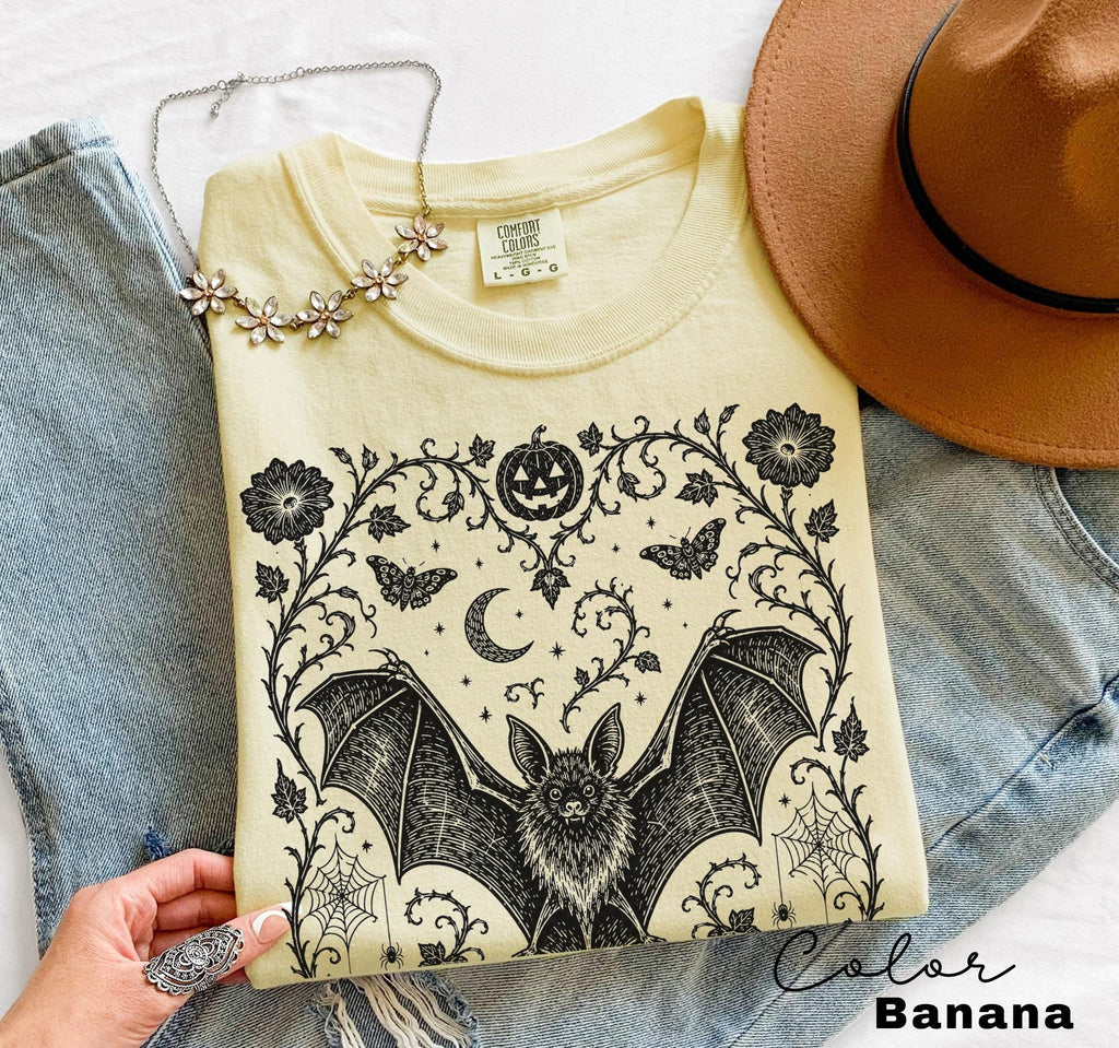 Dark Gothic Bat Halloween Shirt, Botanical Bat Tee, Witchy Floral Halloween, Spooky Bat Gift For Her