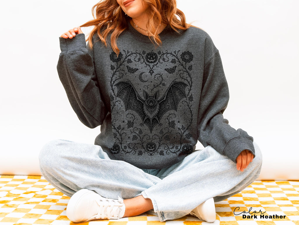 Dark Gothic Bat Halloween Shirt, Botanical Bat Tee, Witchy Floral Halloween, Spooky Bat Gift For Her