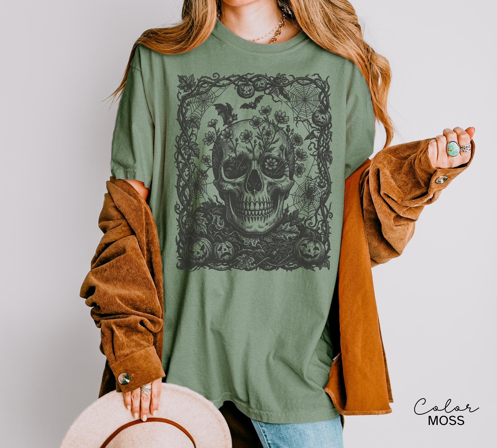Dark Floral Skull Halloween Shirt, Gothic Skull Tee, Witchy Skull Halloween, Skull Lover Gift For Her