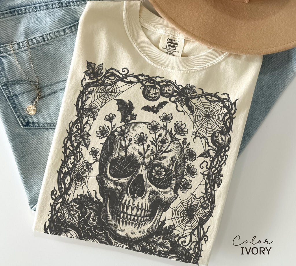 Dark Floral Skull Halloween Shirt, Gothic Skull Tee for Women