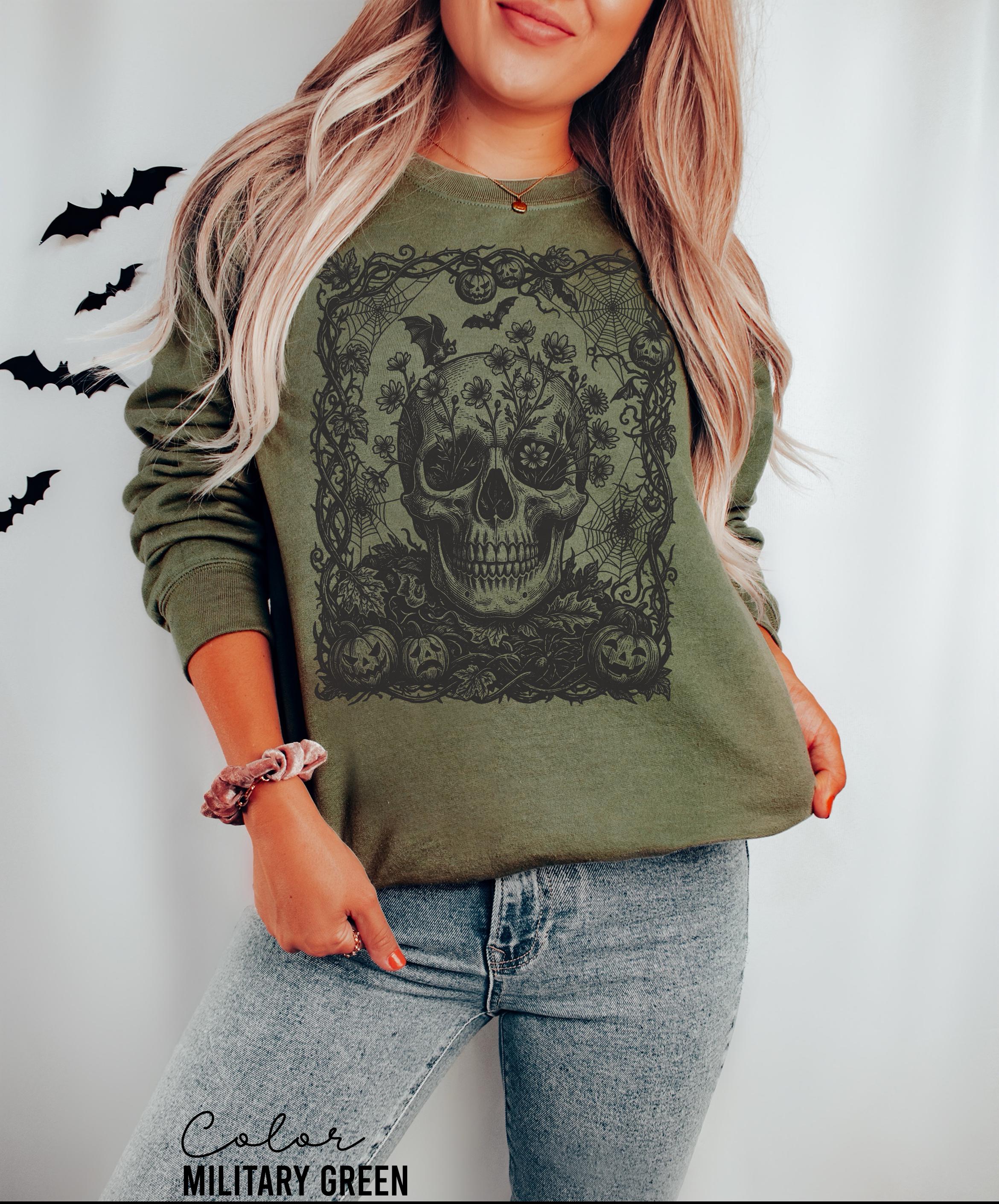 Dark Floral Skull Halloween Shirt, Gothic Skull Tee, Witchy Skull Halloween, Skull Lover Gift For Her